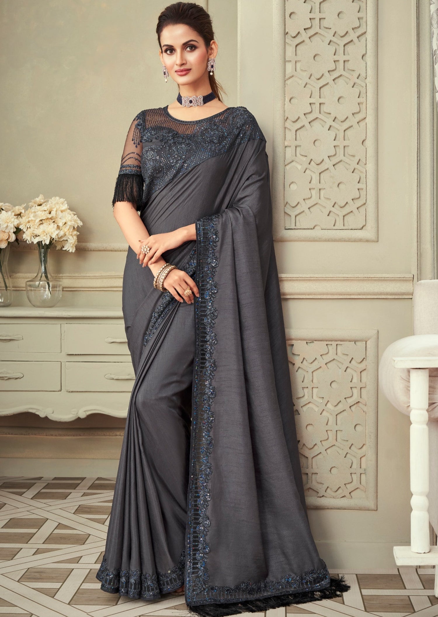 Grey handwork saree