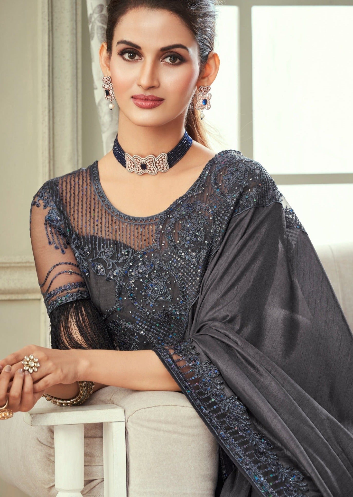 Embroidered Satin Silk Designer Grey Saree