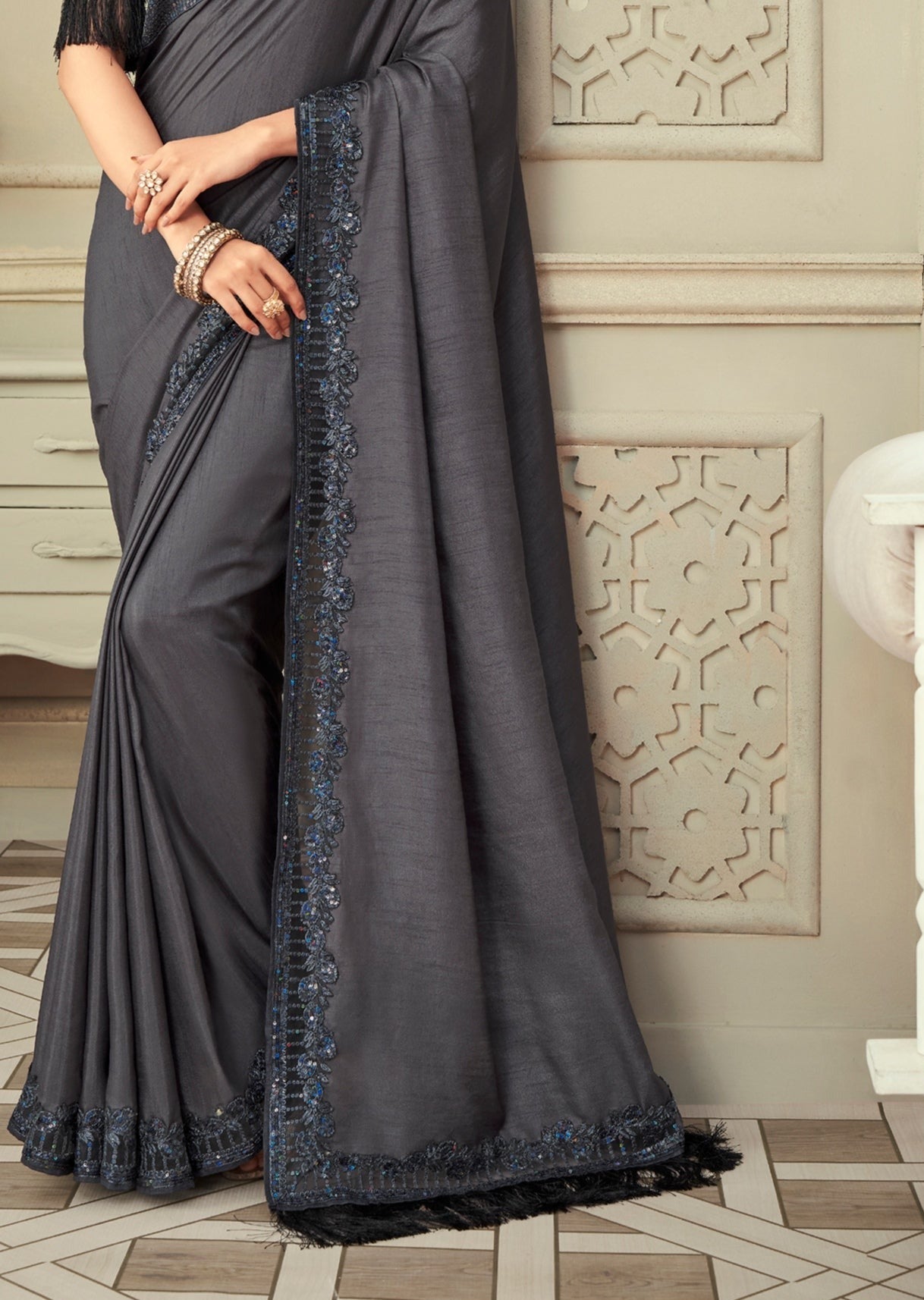 Embroidered Satin Silk Designer Grey Saree
