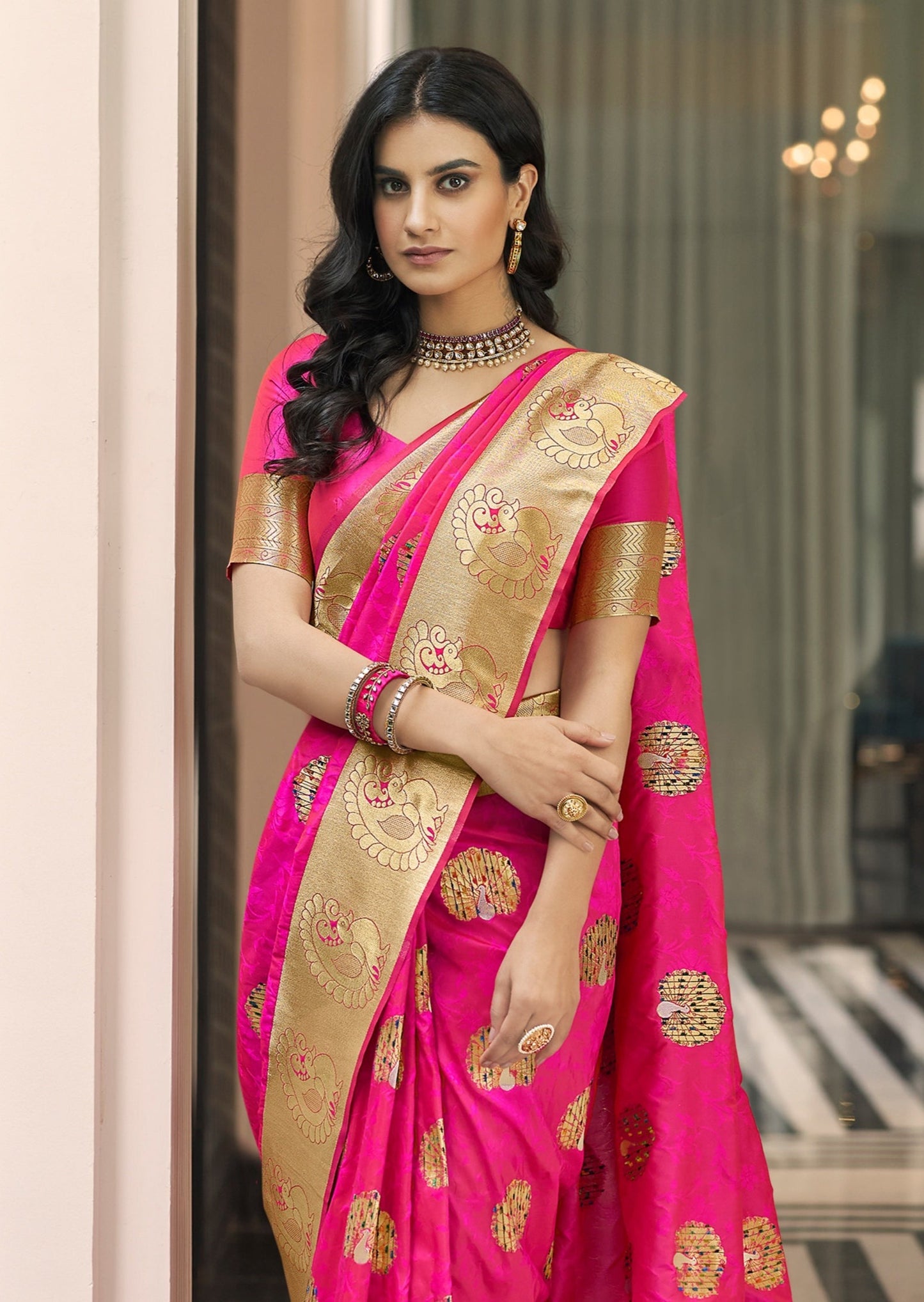 Zari Banarasi Silk Hot Pink Saree