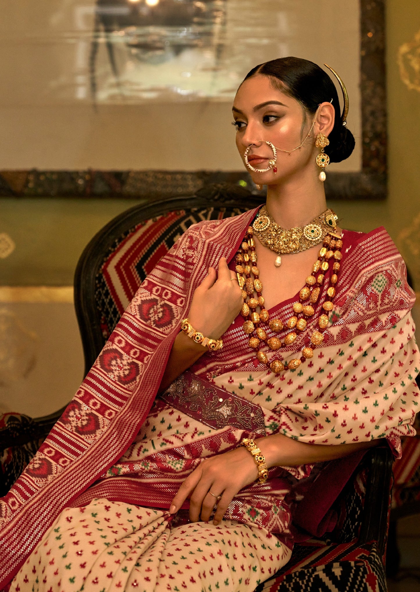 Ikkat Patola Beige Saree