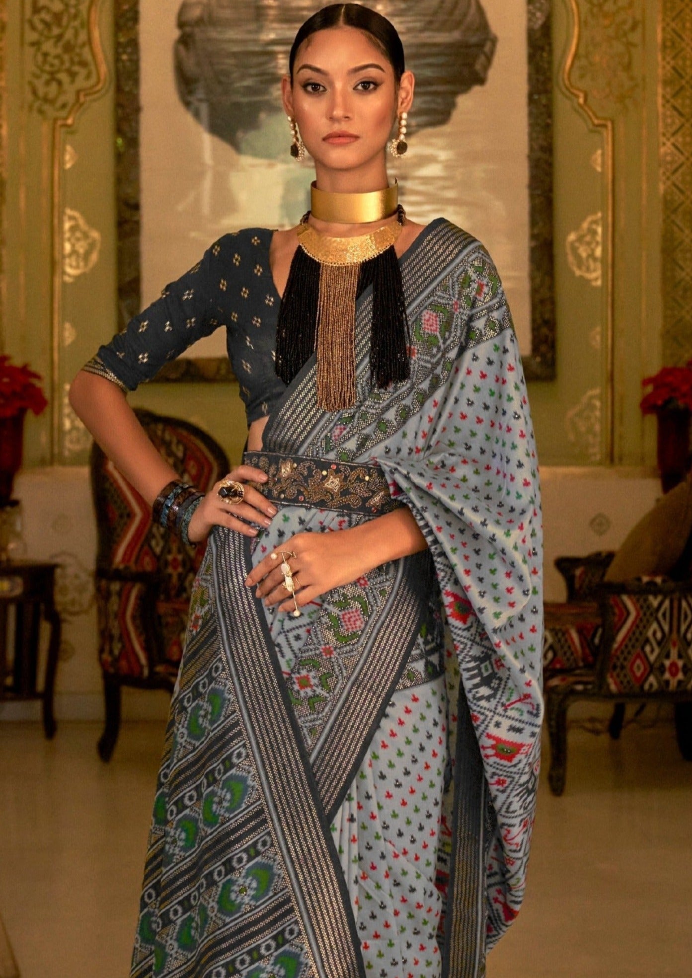 Patola Silk Grey Ikkat Saree