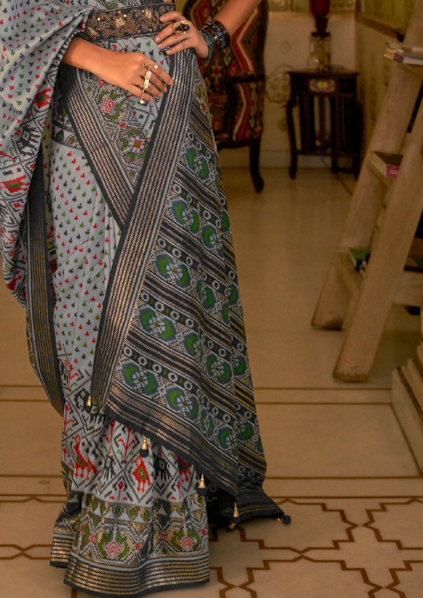 Patola Silk Grey Ikkat Saree