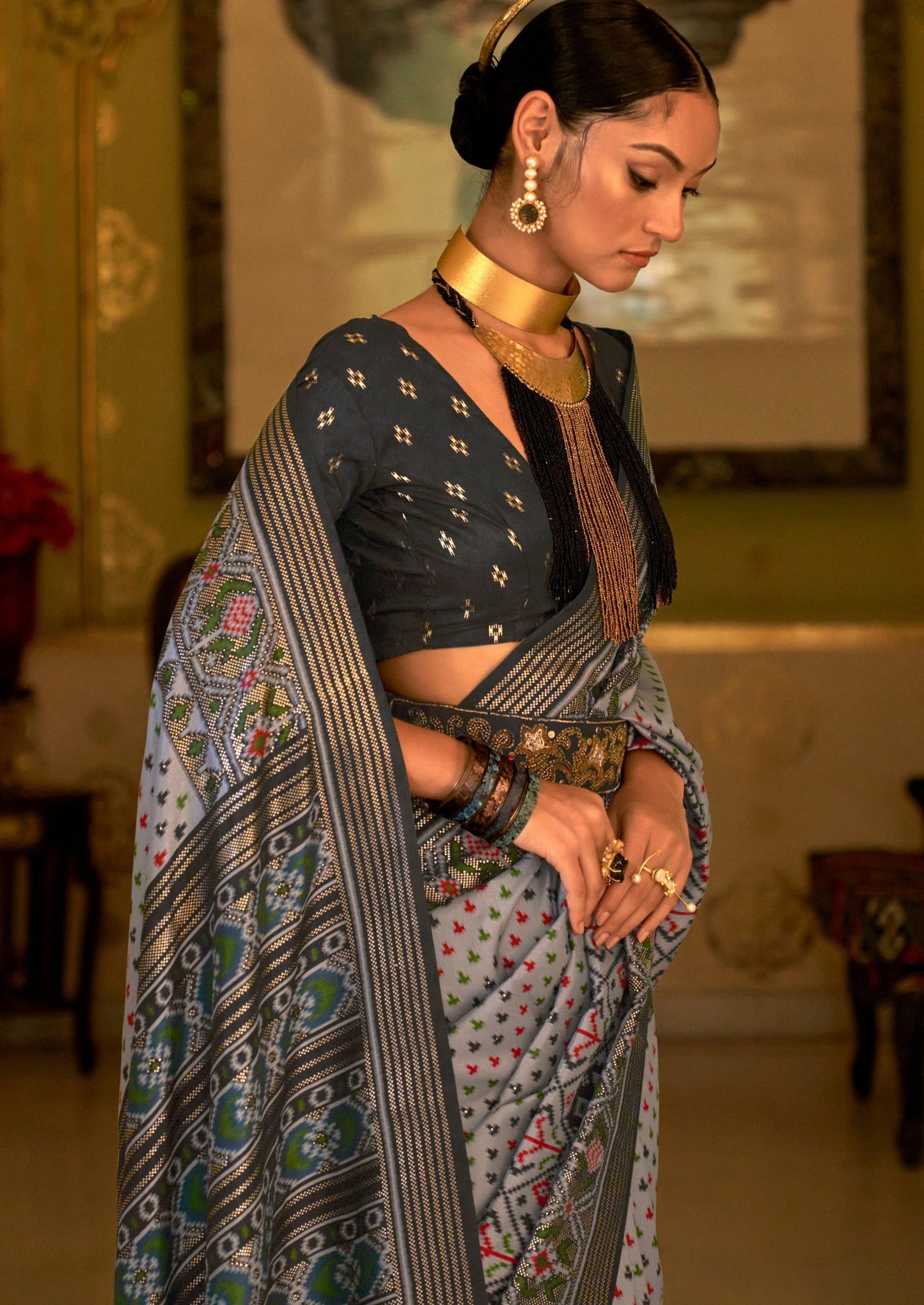 Patola Silk Grey Ikkat Saree