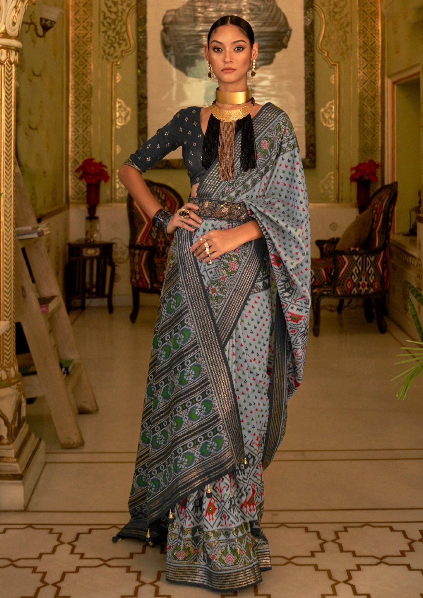 Patola Silk Grey Ikkat Saree