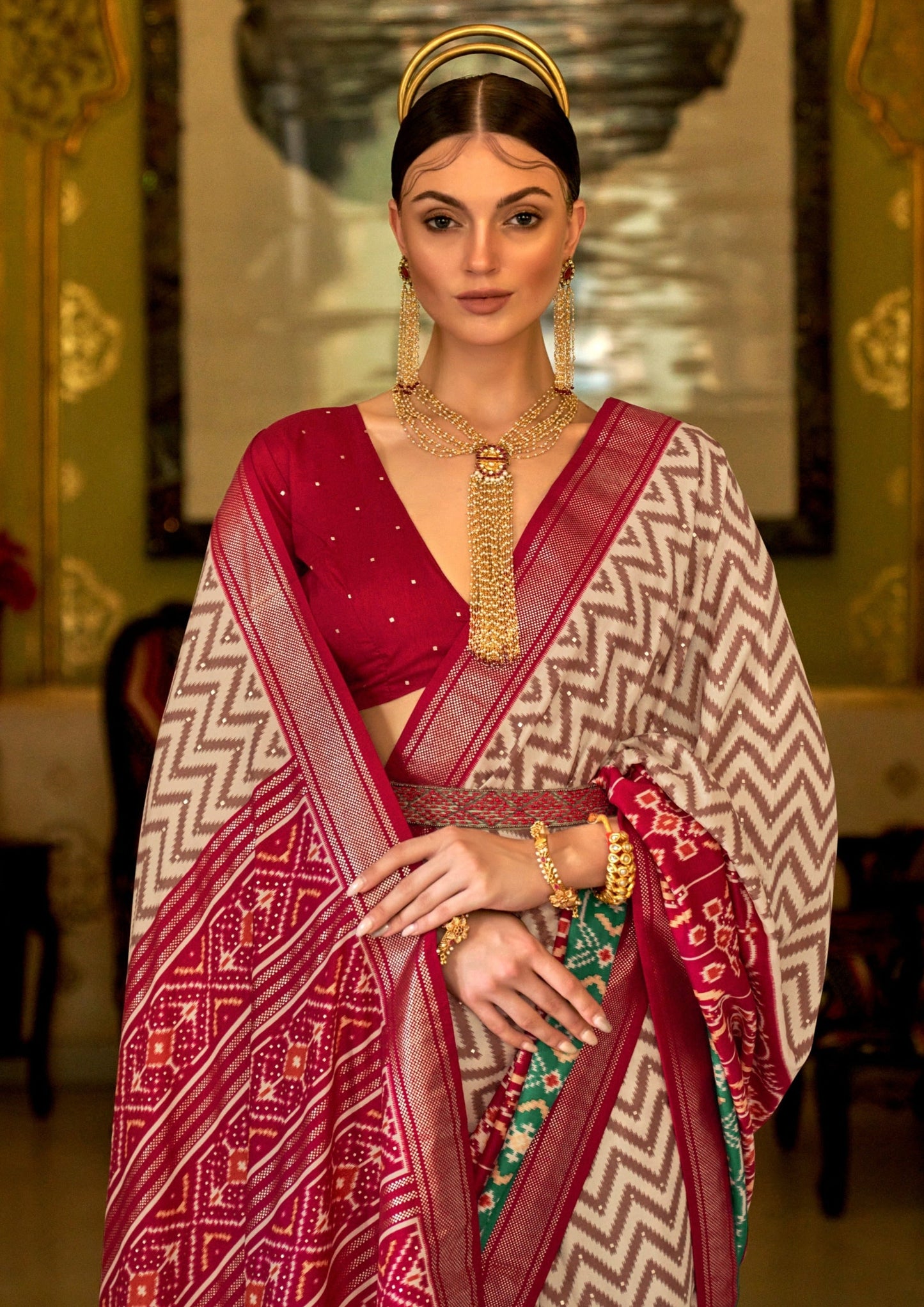 Red Leheriya Ikkat Patola Saree