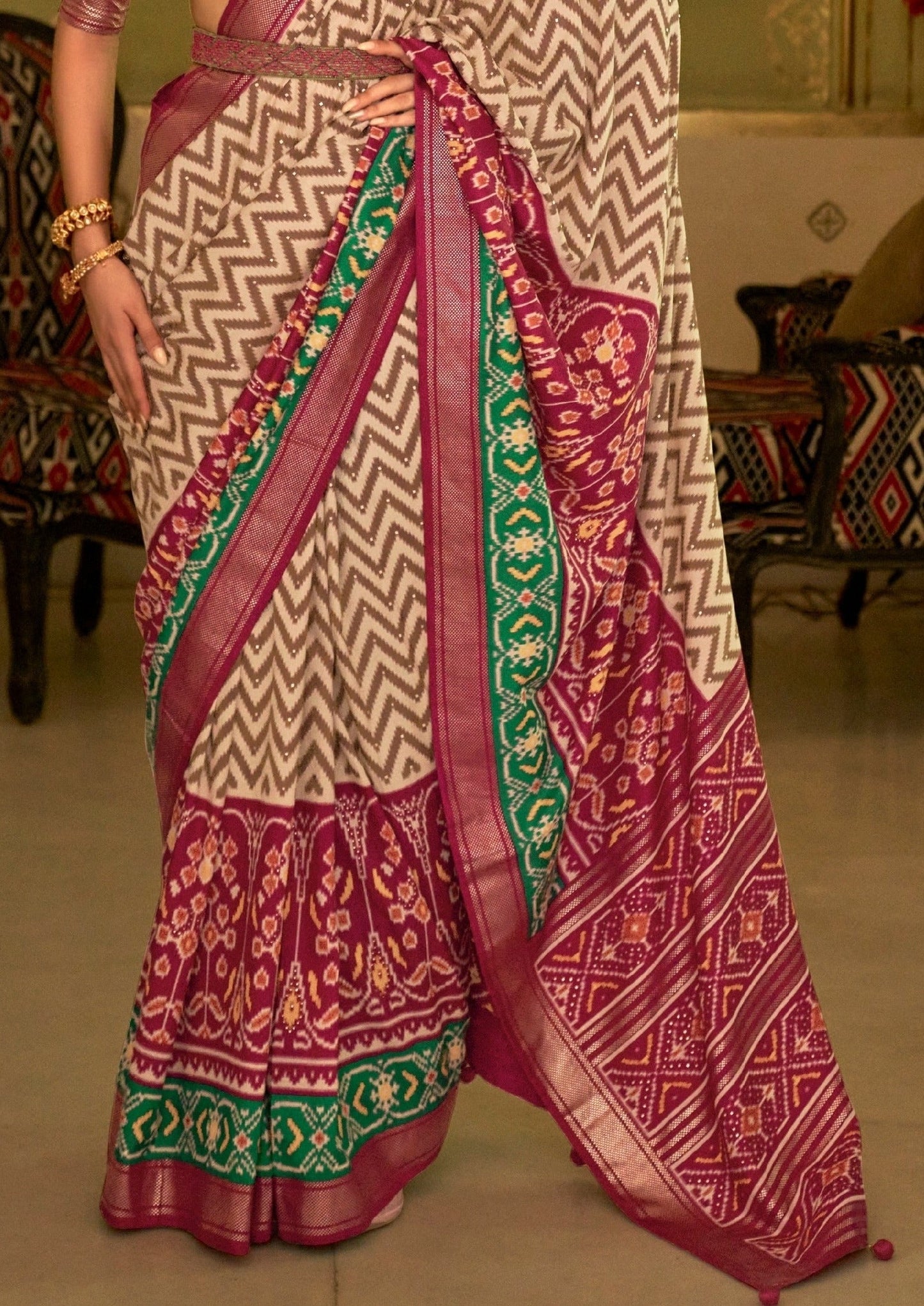 Red Leheriya Ikkat Patola Saree