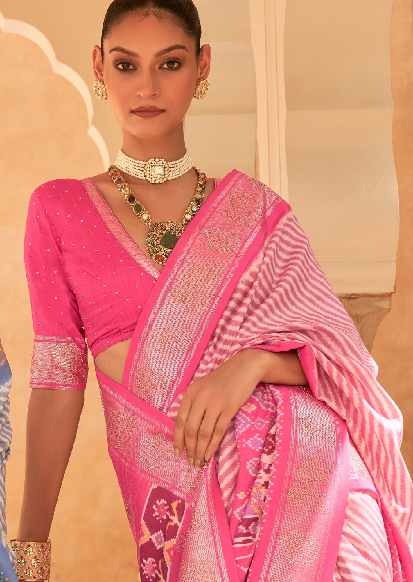 Pink Leheriya Ikat Patola Saree