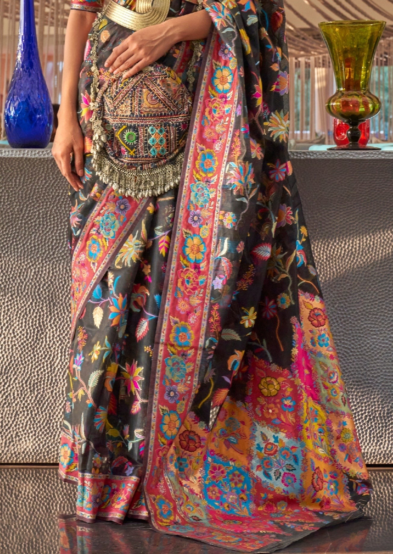 Kashmiri Silk Black Handloom Saree