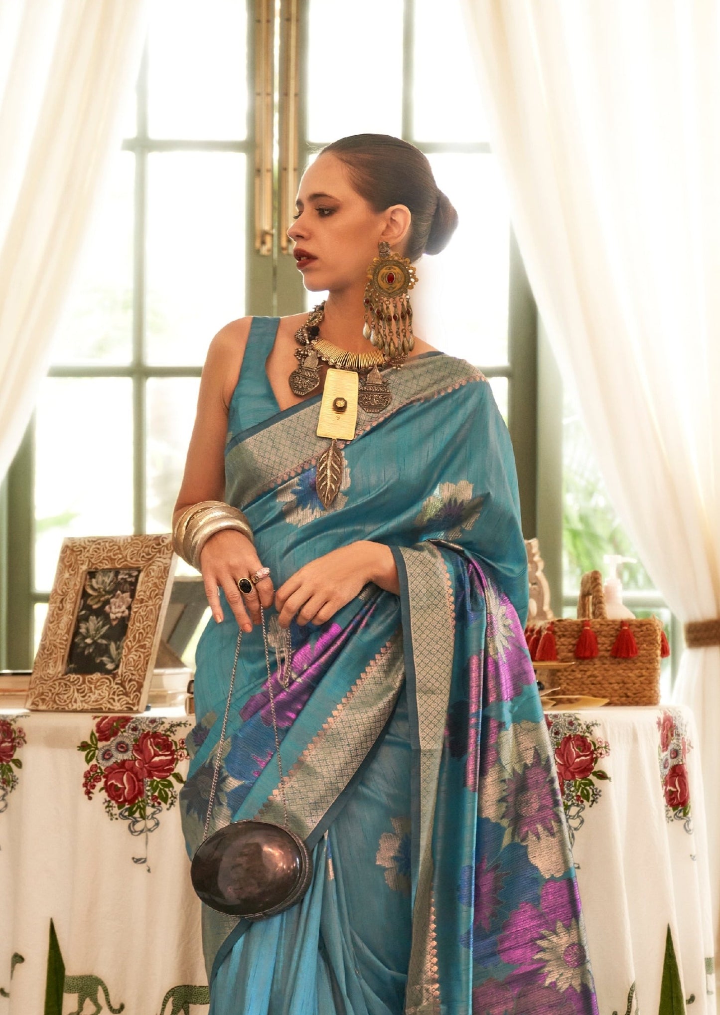 Kalki Koechlin Pure Handloom Silk Sky Blue Saree