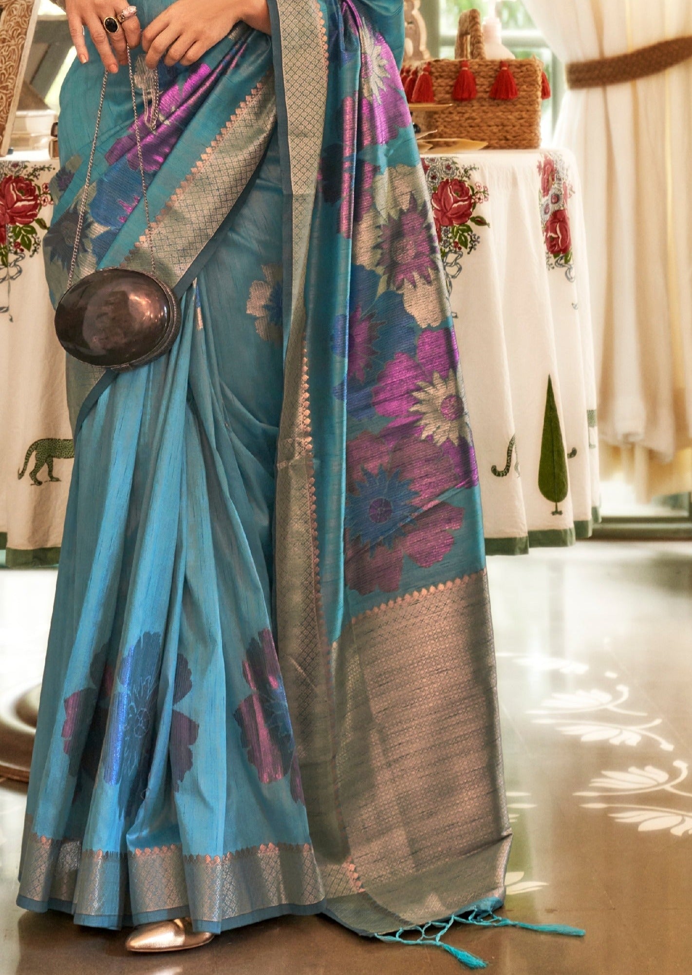 Kalki Koechlin Pure Handloom Silk Sky Blue Saree