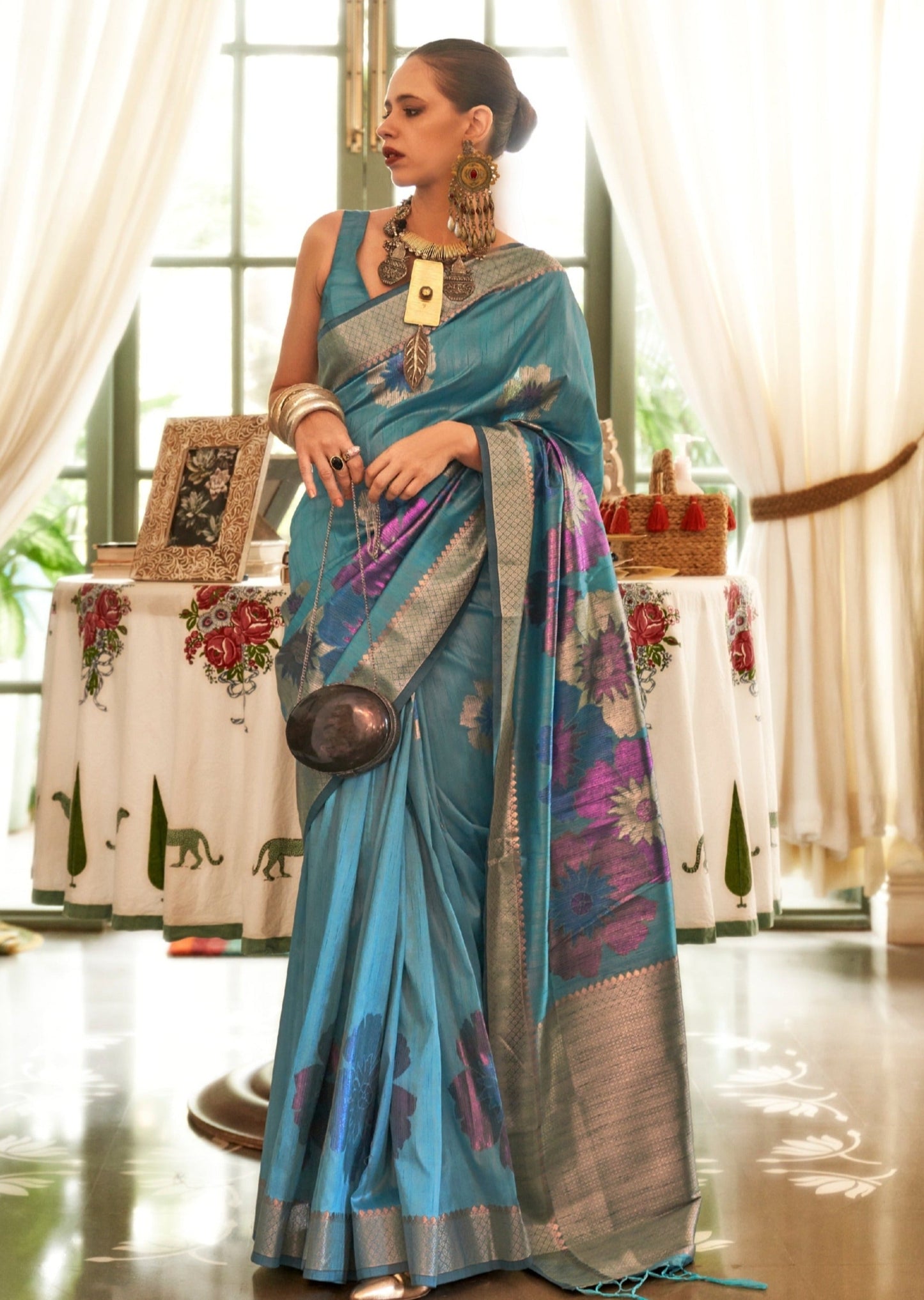Kalki Koechlin Pure Handloom Silk Sky Blue Saree