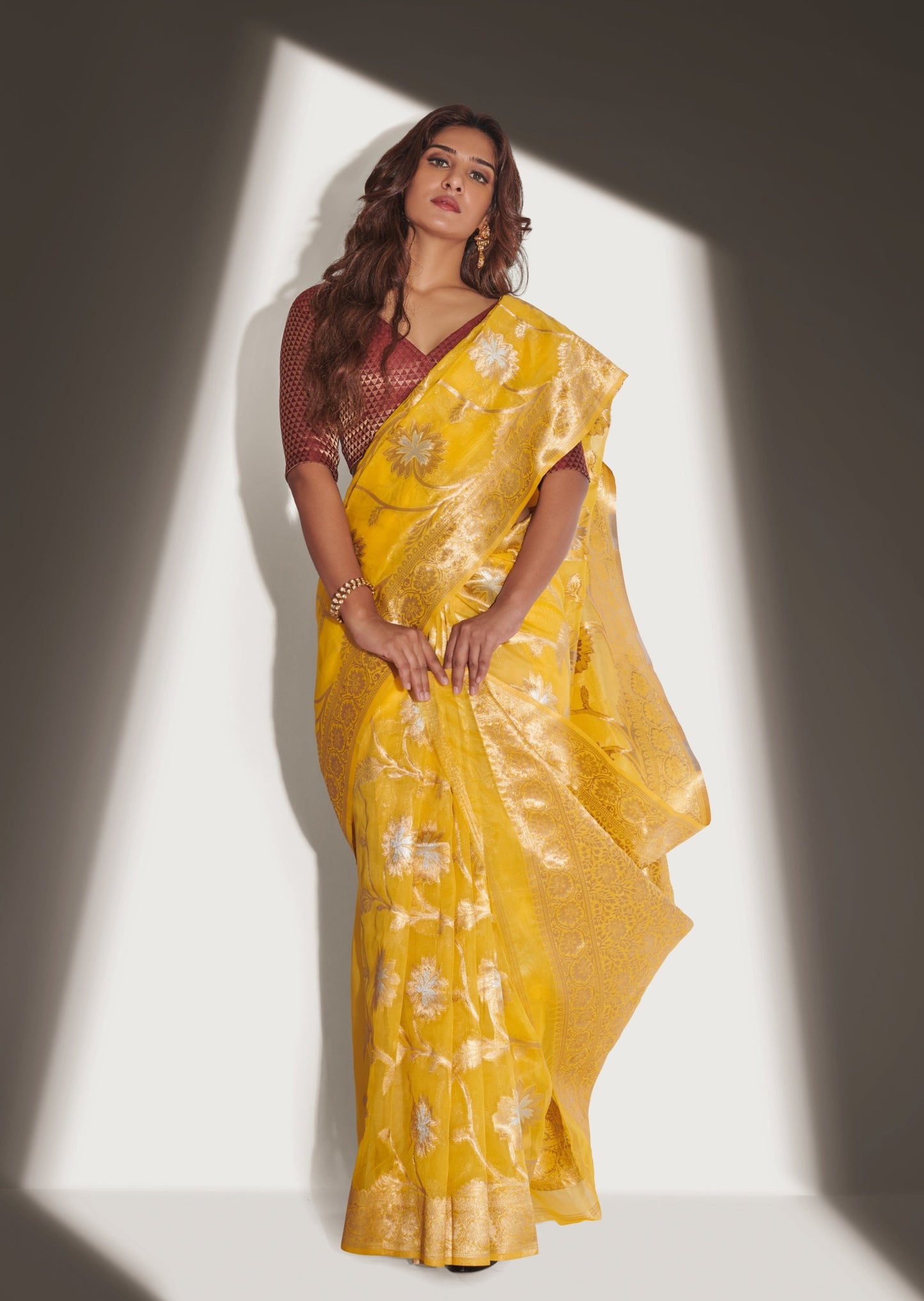 Marathi Actress Neha Khan in Pure Handloom Banarasi Organza Yellow Saree