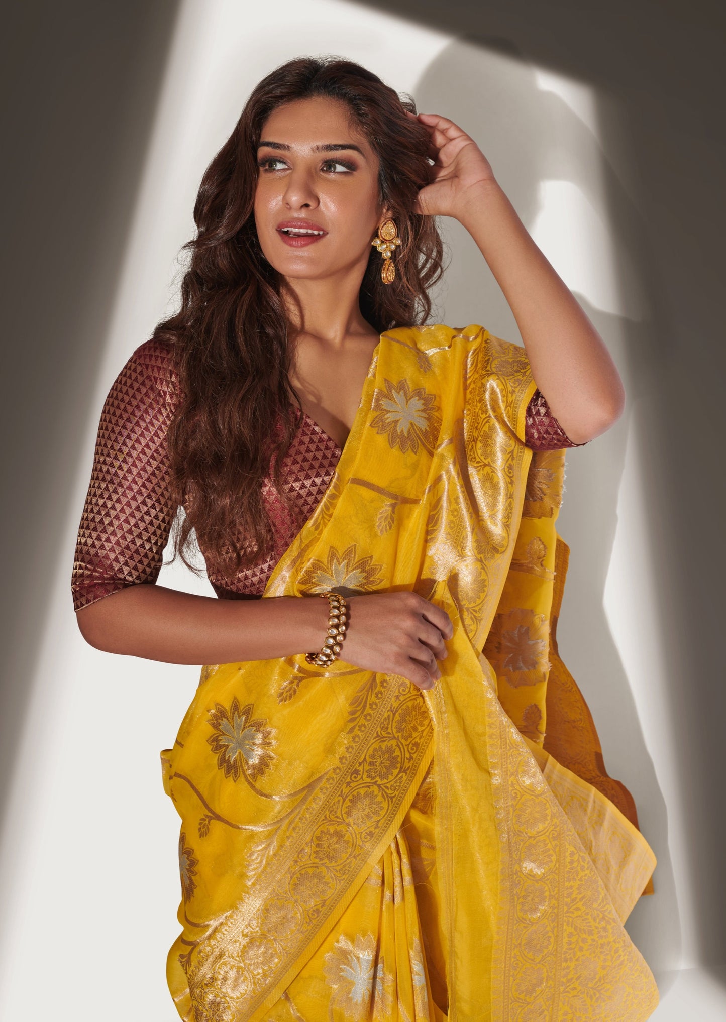 Marathi Actress Neha Khan in Pure Handloom Banarasi Organza Yellow Saree