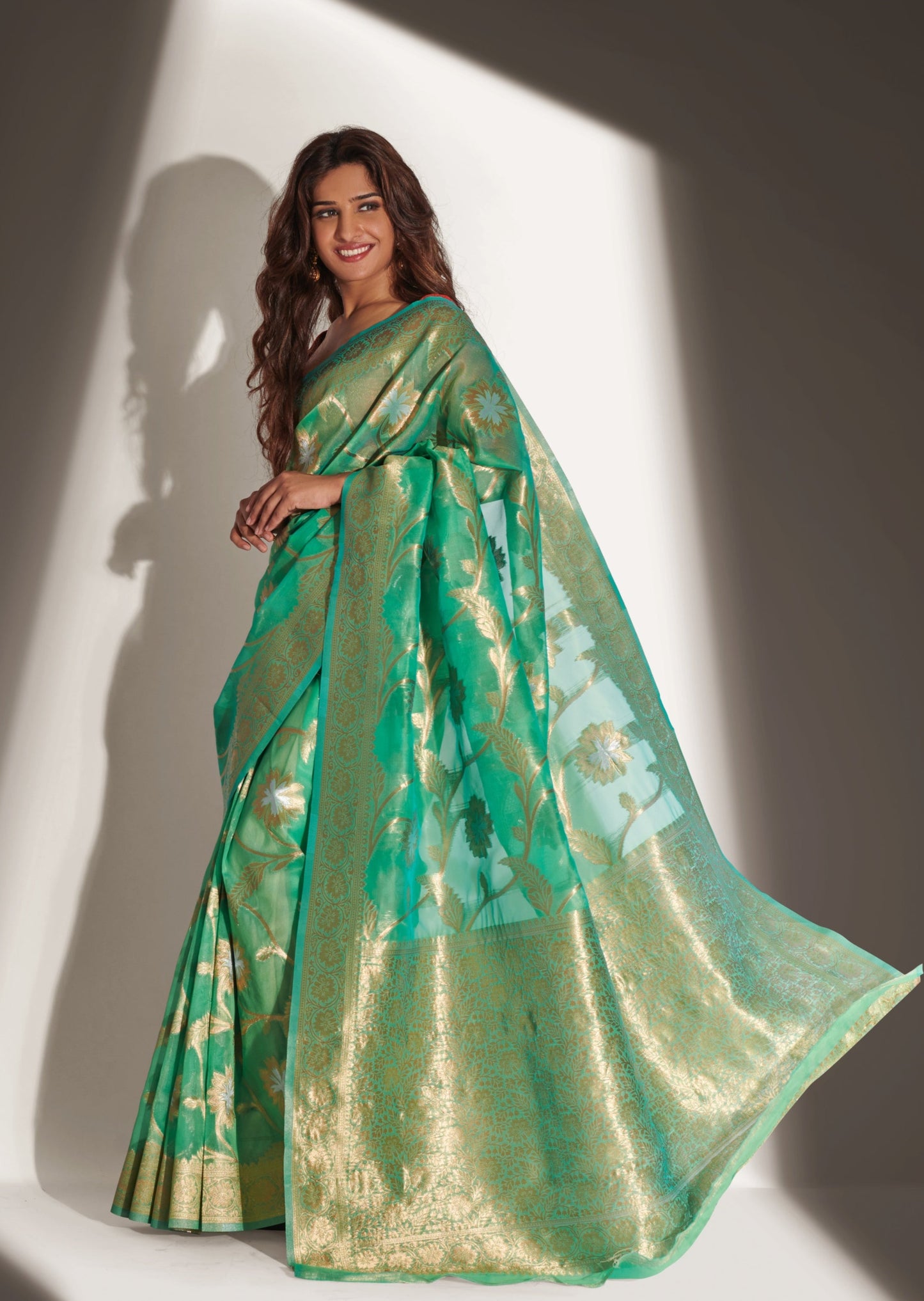 Marathi Actress Neha Khan in Pure Handloom Banarasi Organza Green Saree