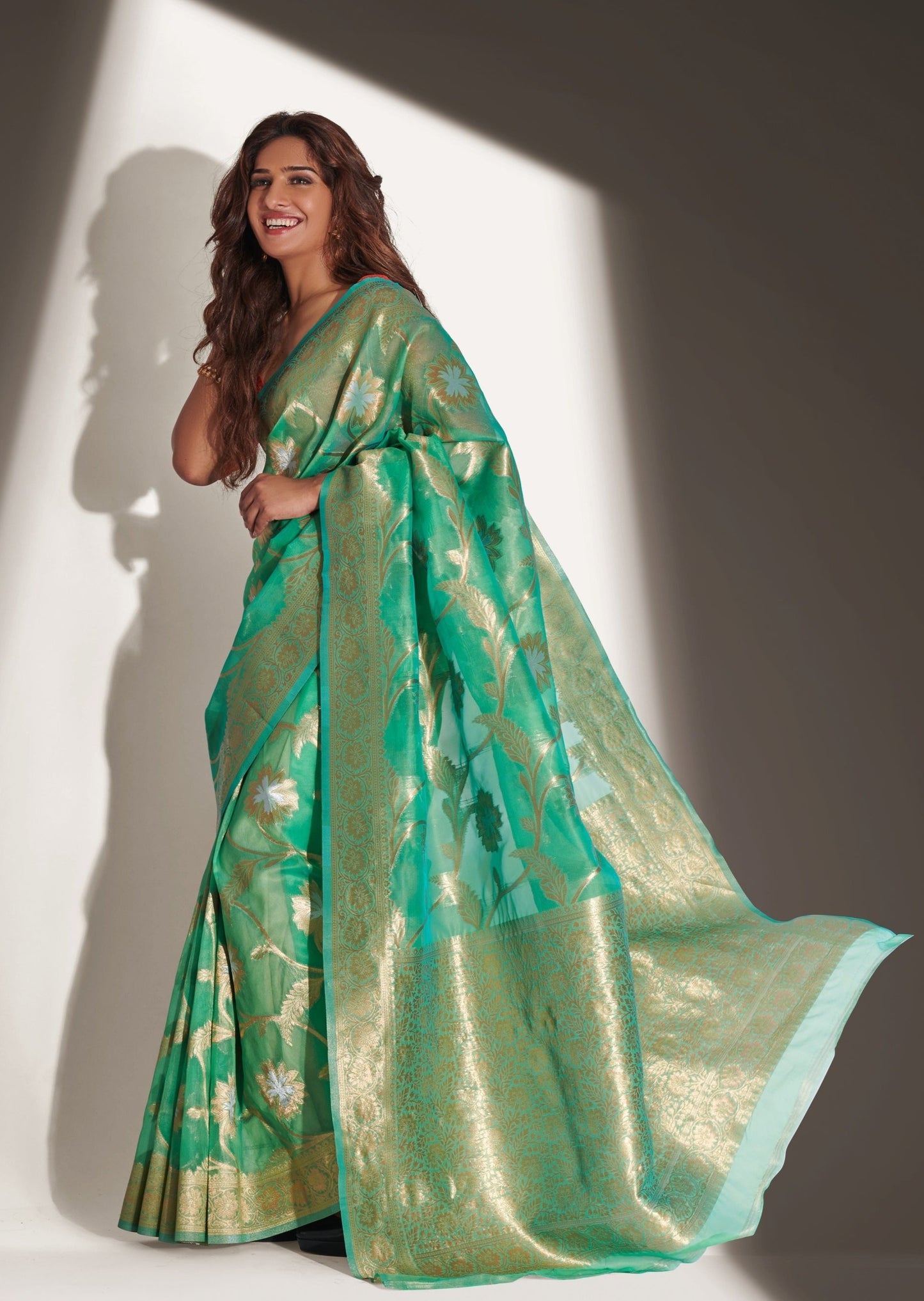 Marathi Actress Neha Khan in Pure Handloom Banarasi Organza Green Saree