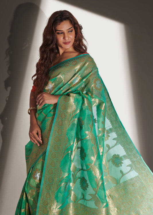 Marathi Actress Neha Khan in Pure Handloom Banarasi Organza Green Saree