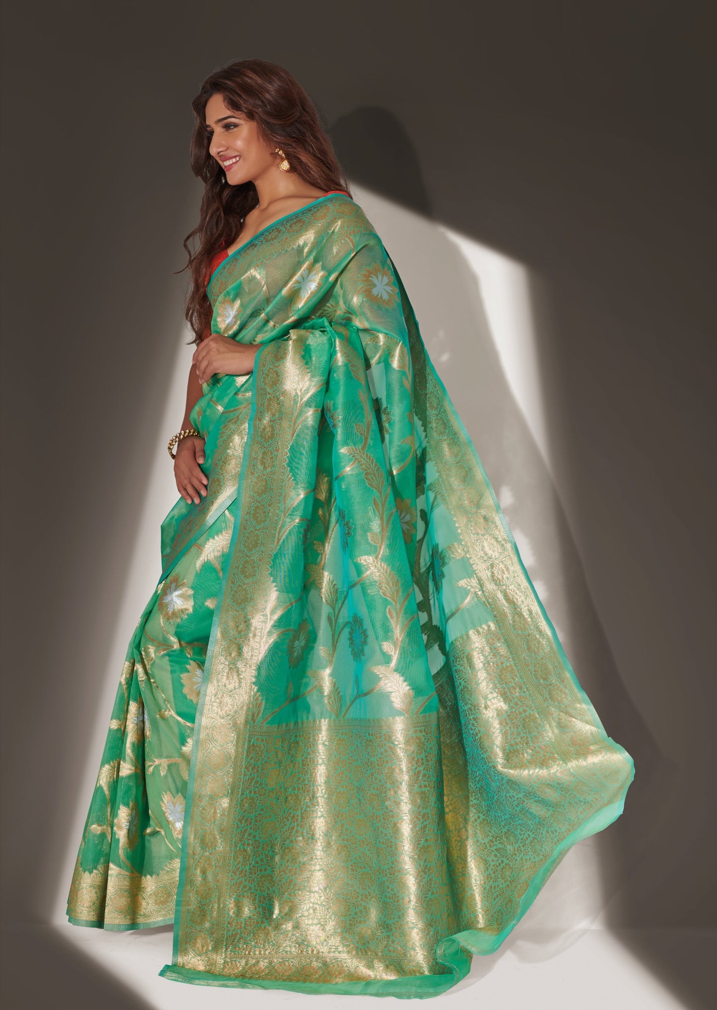 Marathi Actress Neha Khan in Pure Handloom Banarasi Organza Green Saree