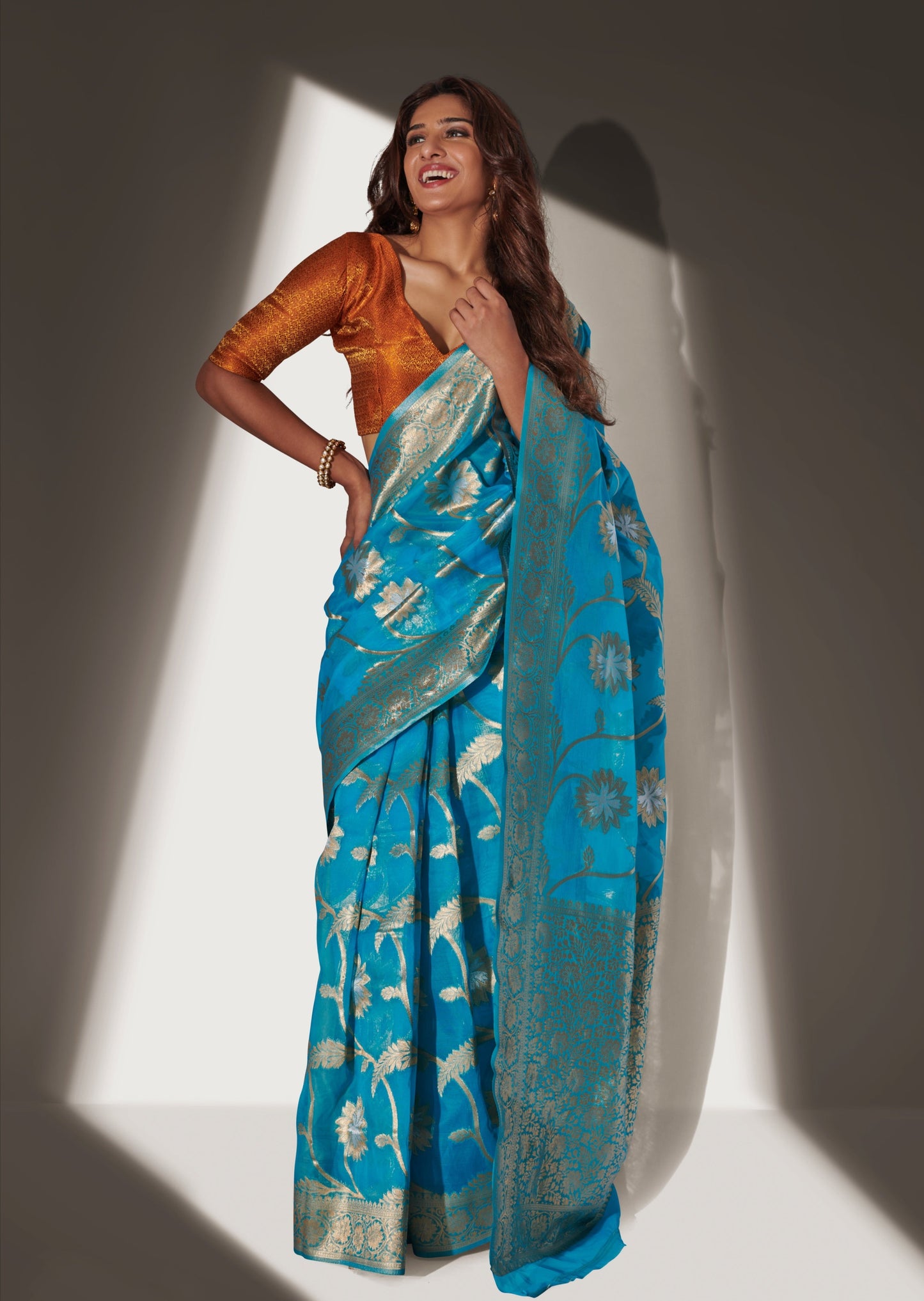 Blue organza saree online
