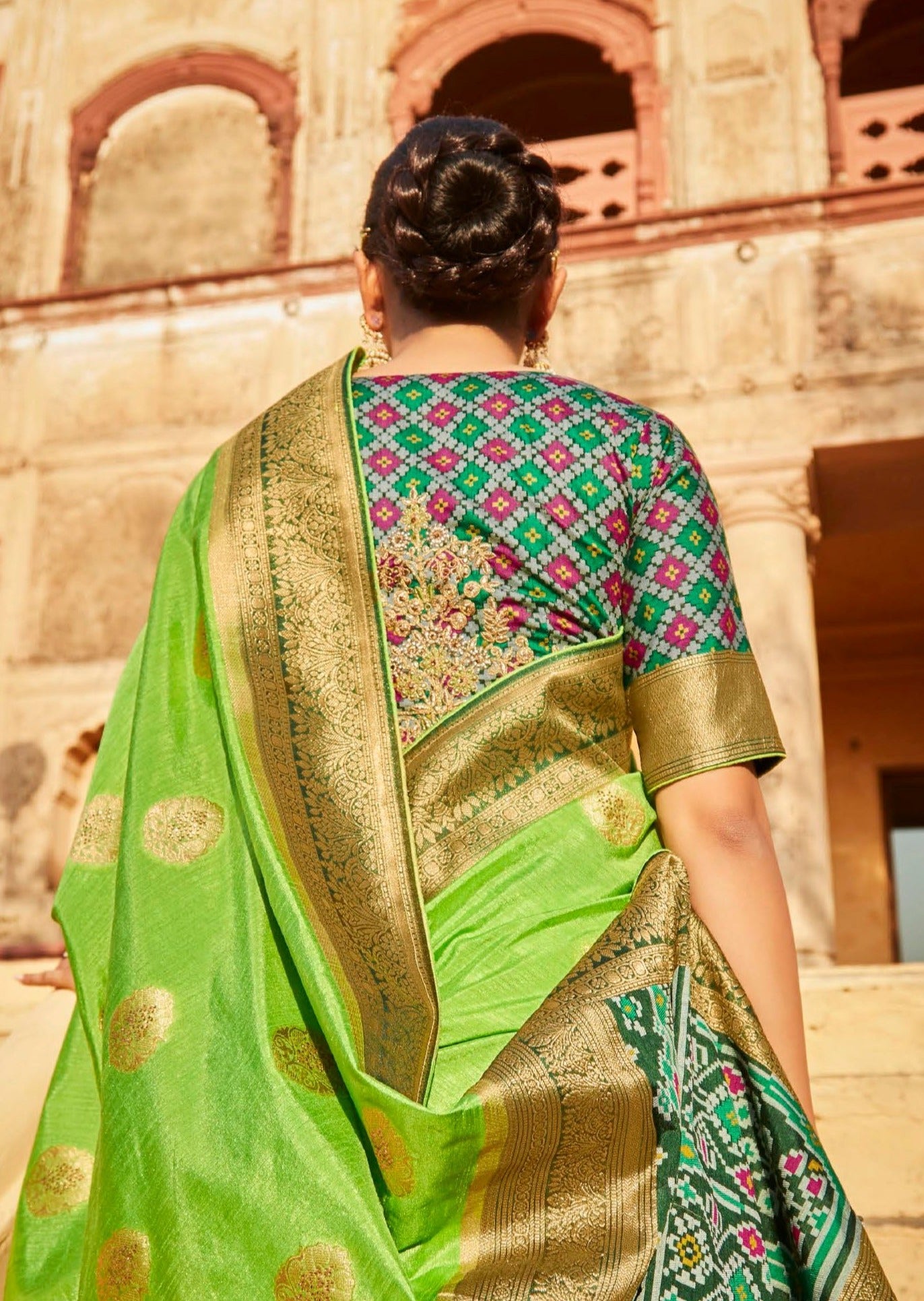 Handwork Banarasi Patola Silk Lawn Green Saree