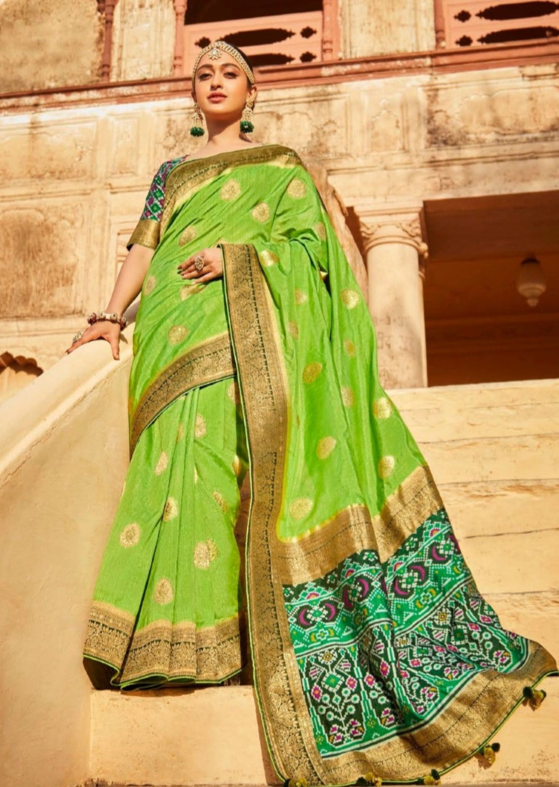 Handwork Banarasi Patola Silk Lawn Green Saree