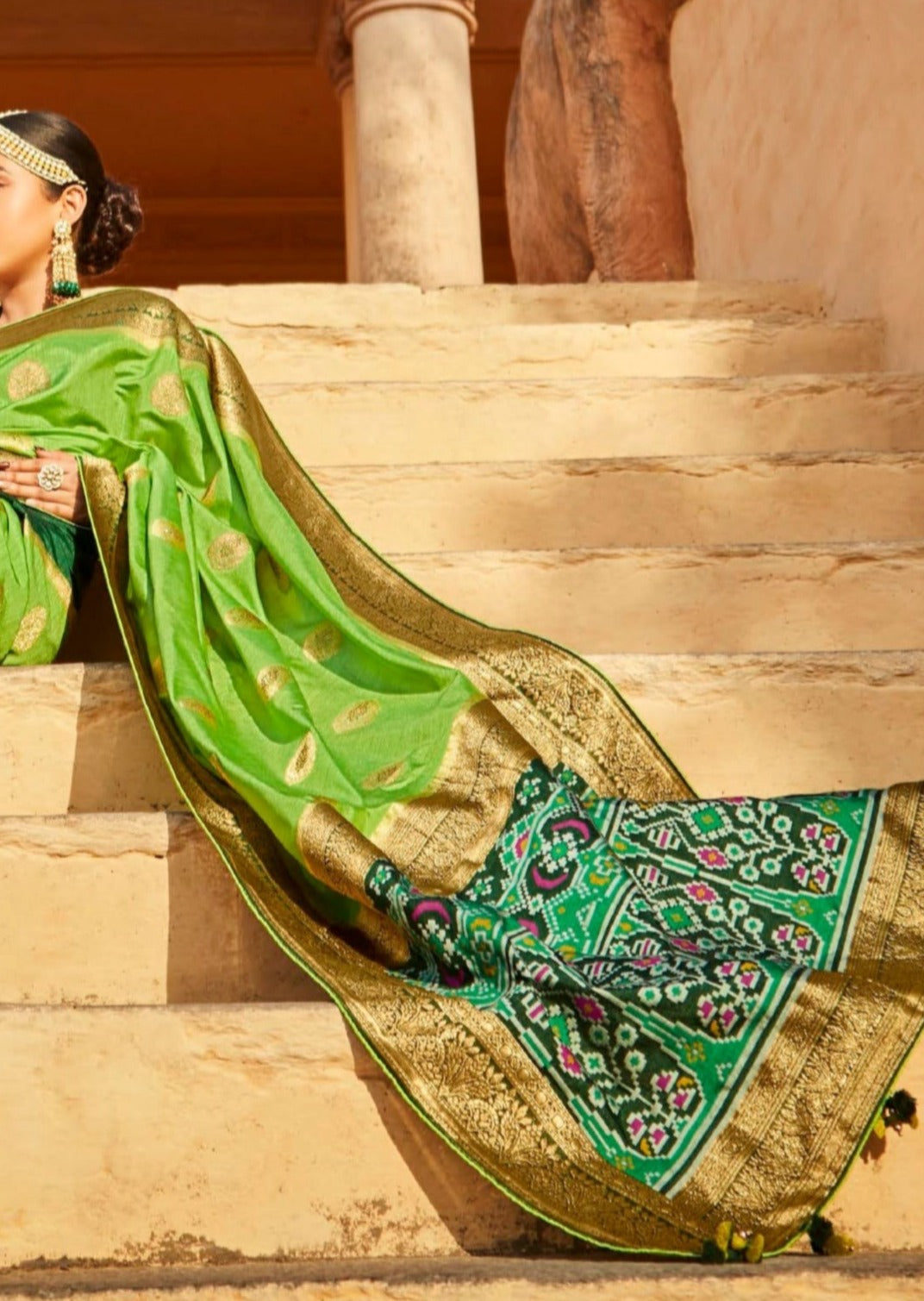 Handwork Banarasi Patola Silk Lawn Green Saree