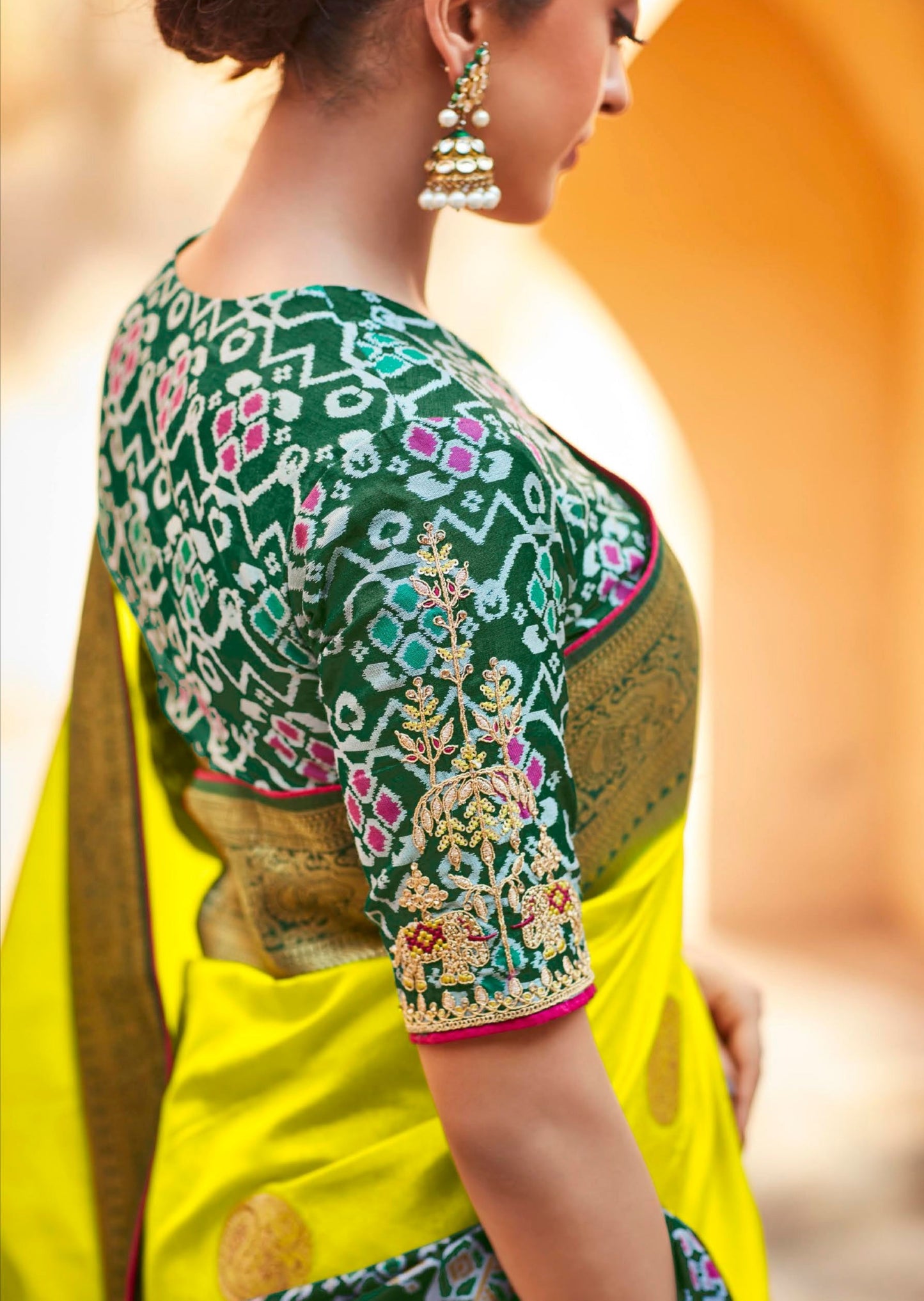 Handwork Banarasi Patola Silk Lime Yellow Saree