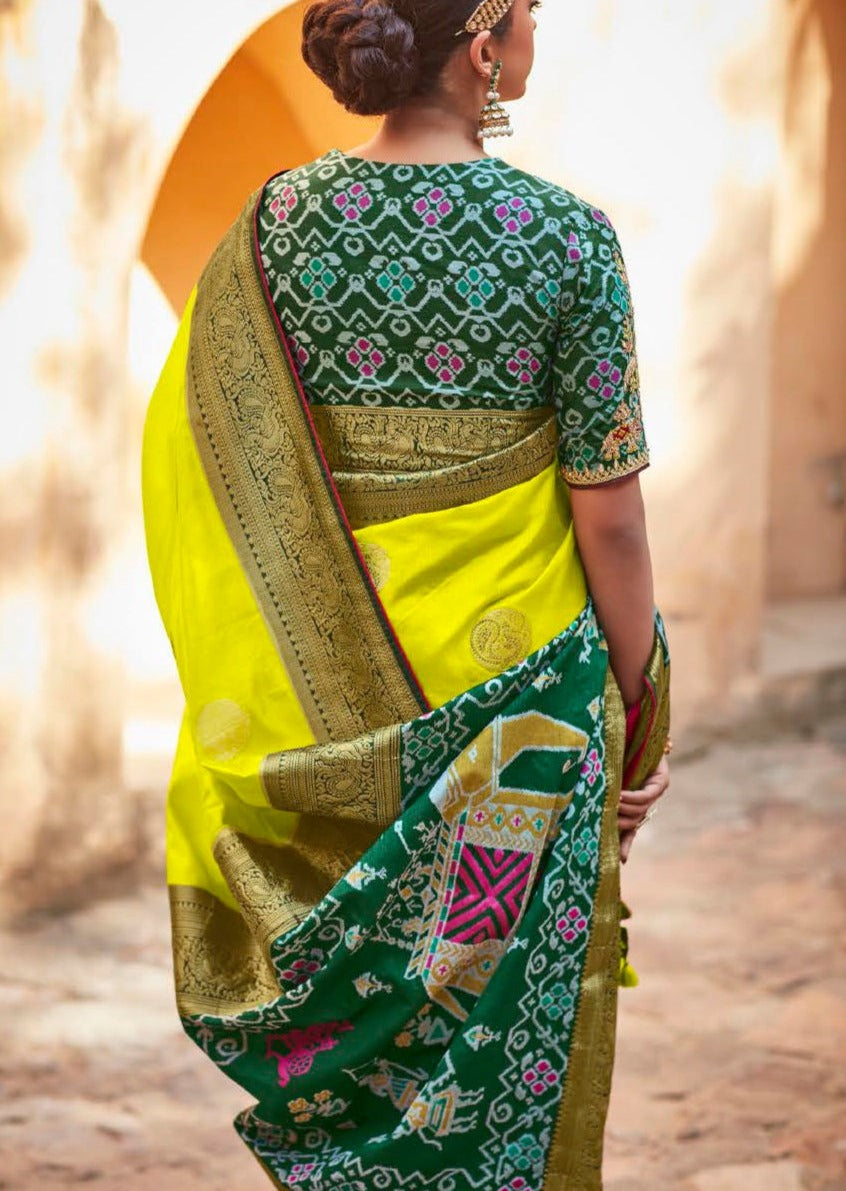 Handwork Banarasi Patola Silk Lime Yellow Saree