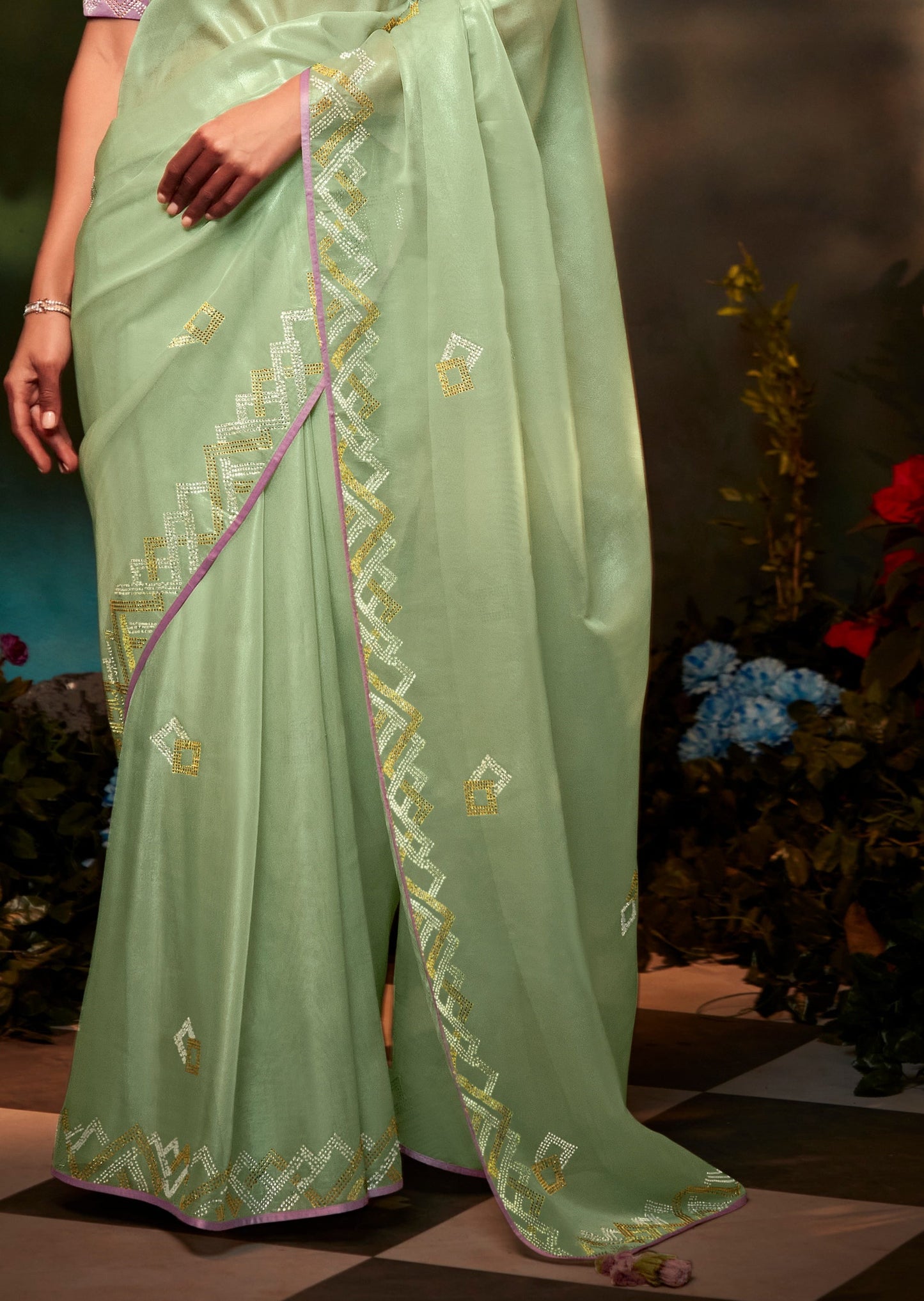 Pure Oganza Pista Green Designer Saree
