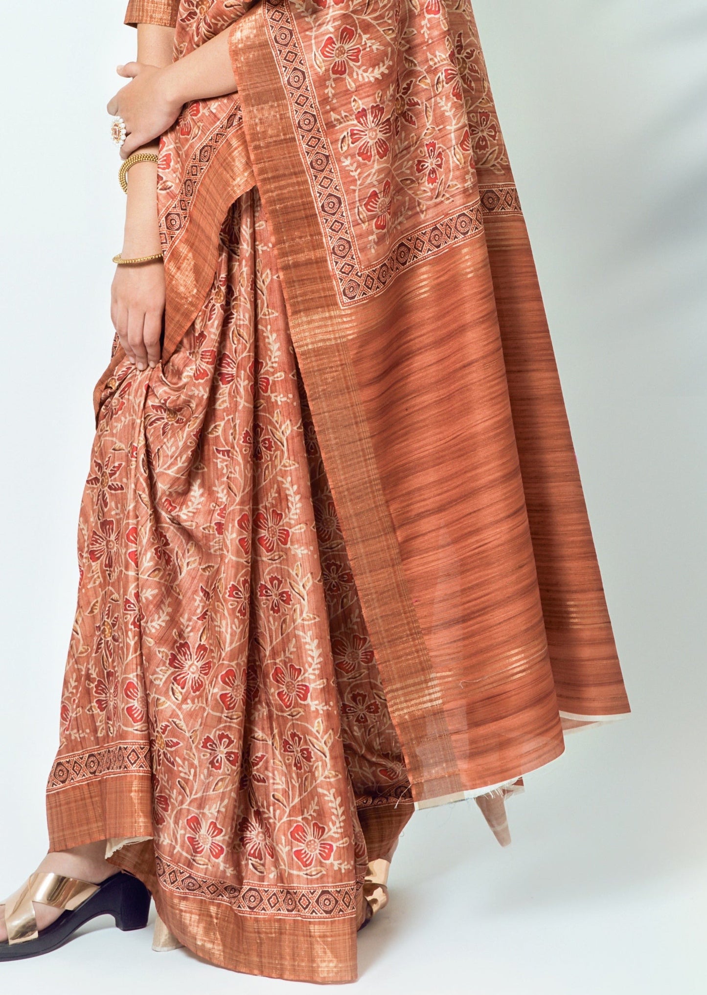 Ajrakh Handblock Print Kota Silk Peach Saree