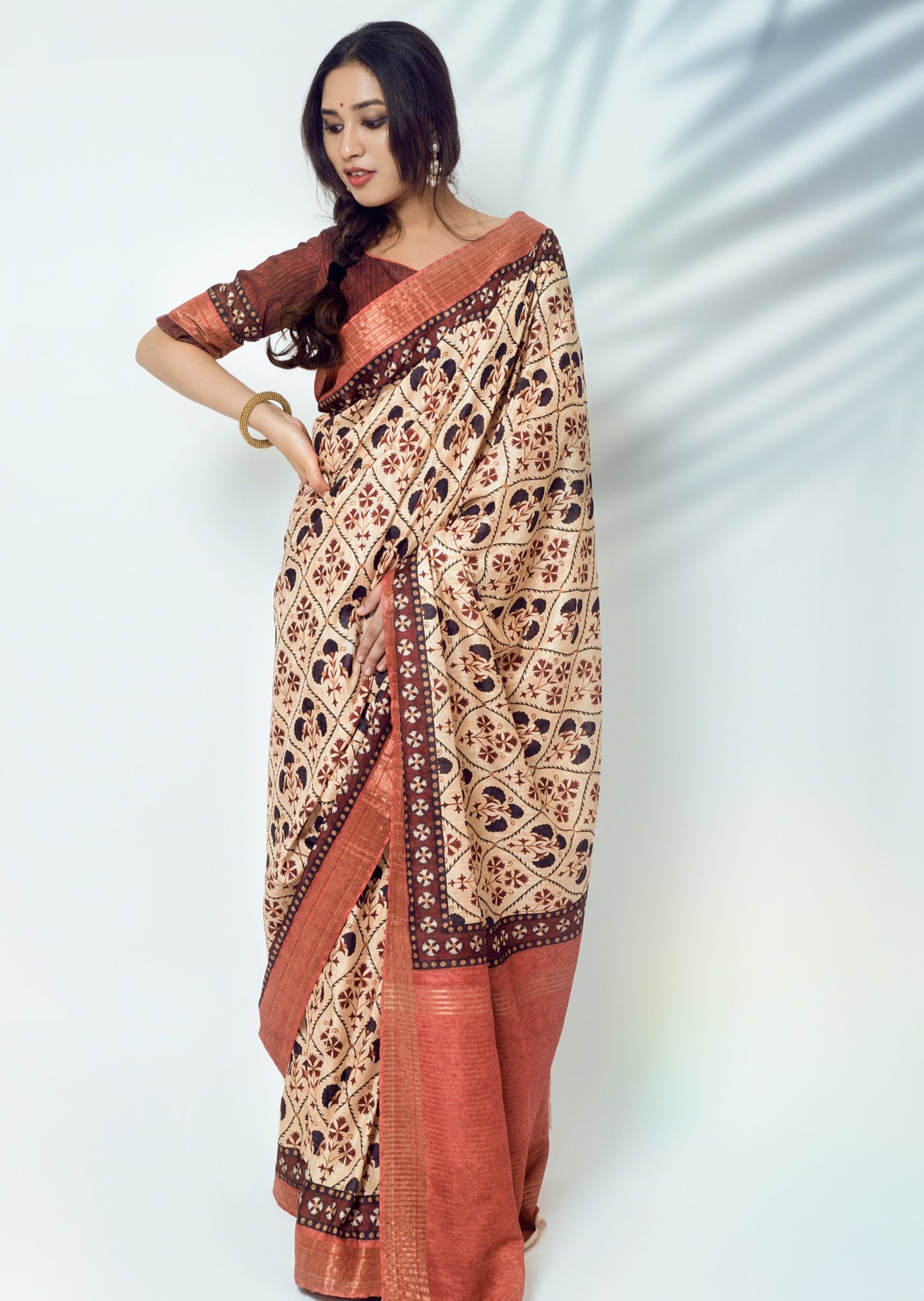 Ajrakh Handblock Print Kota Silk Cream Saree