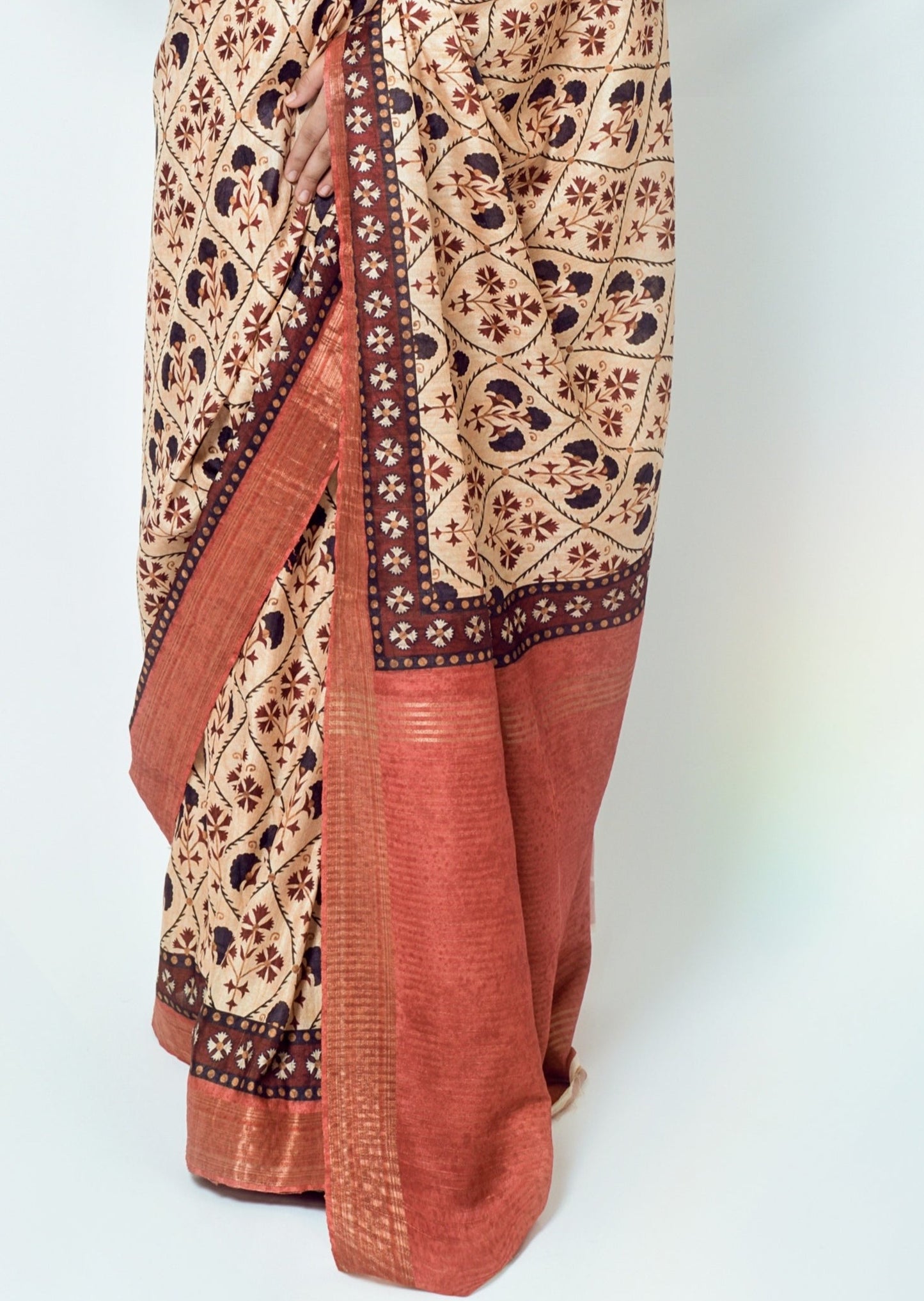 Ajrakh Handblock Print Kota Silk Cream Saree