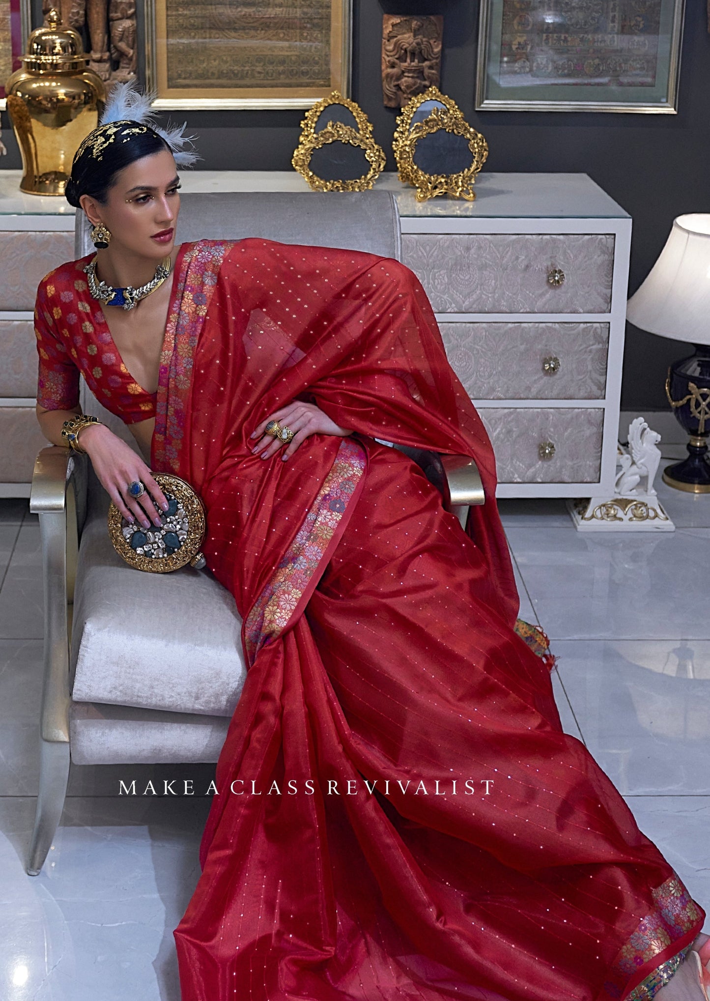 Red organza saree