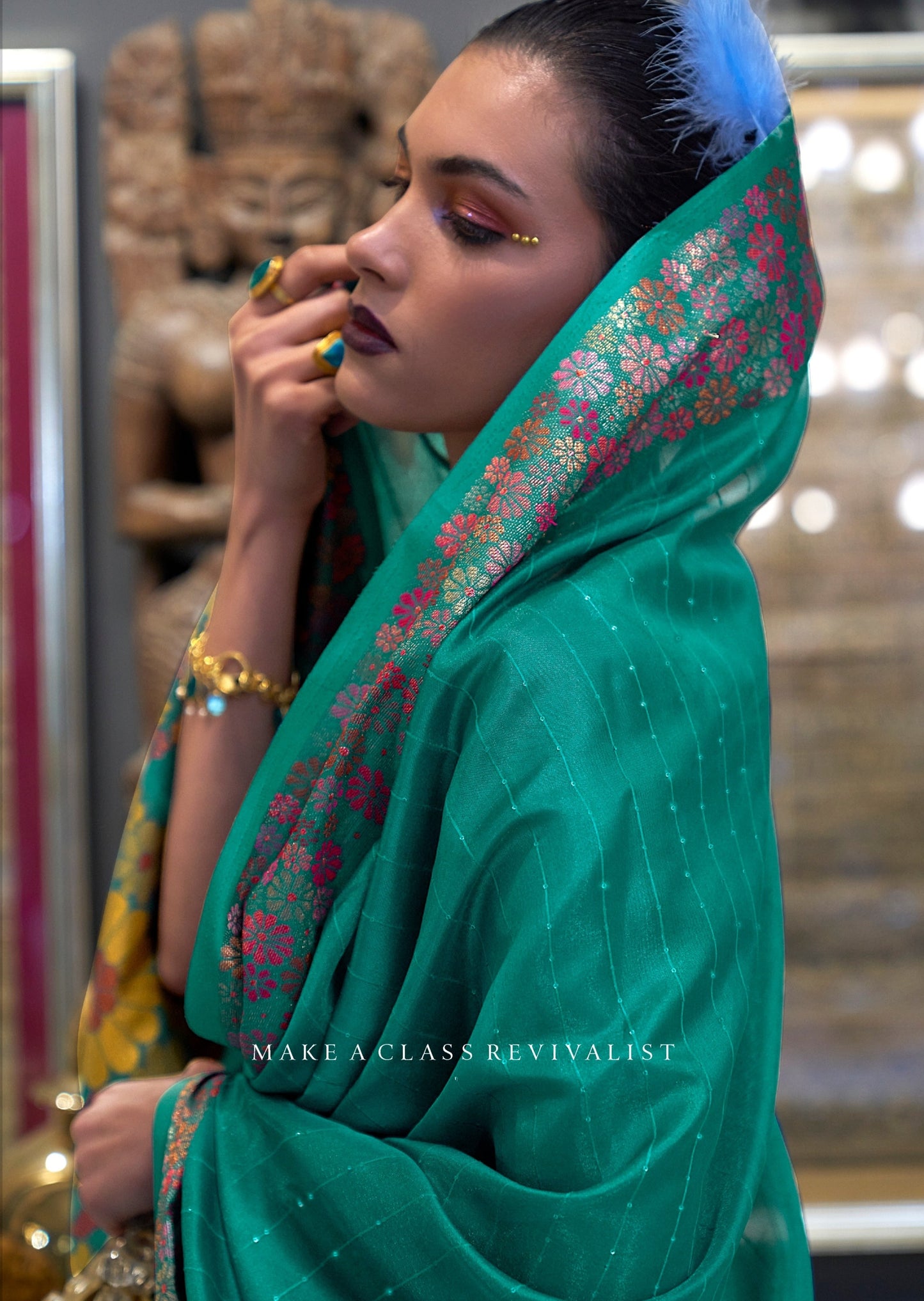 Pure Organza Sea Green Designer Saree