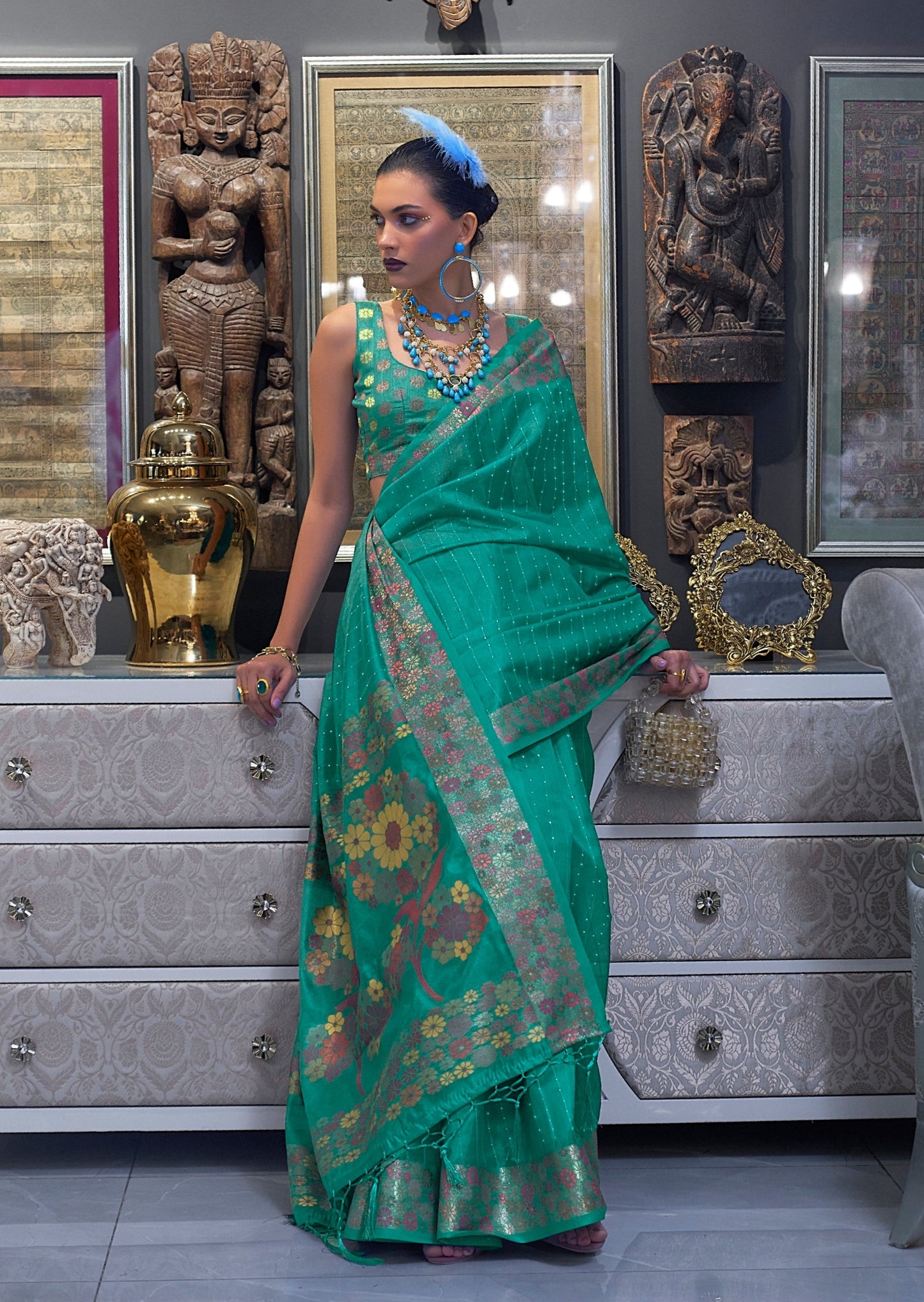 Pure Organza Sea Green Designer Saree
