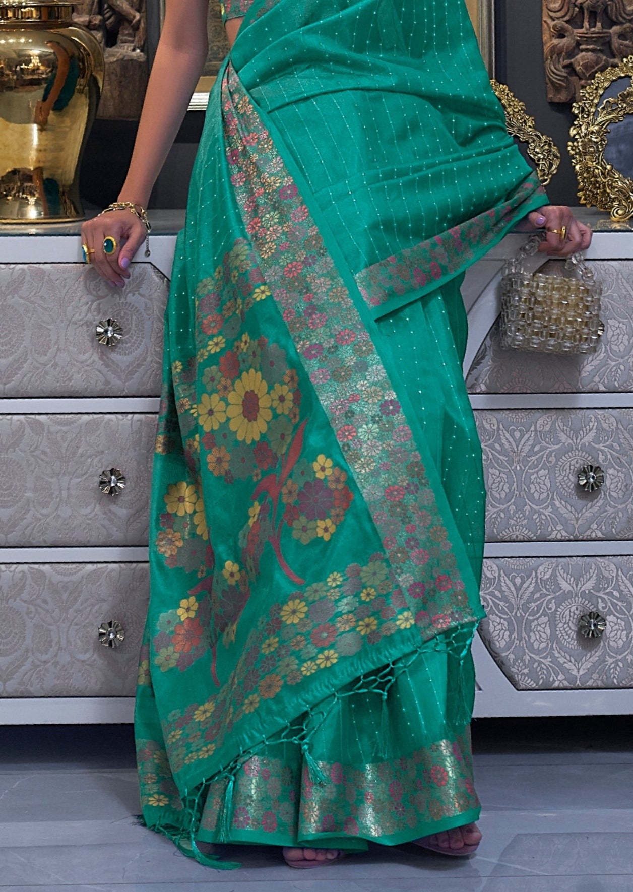 Pure Organza Sea Green Designer Saree