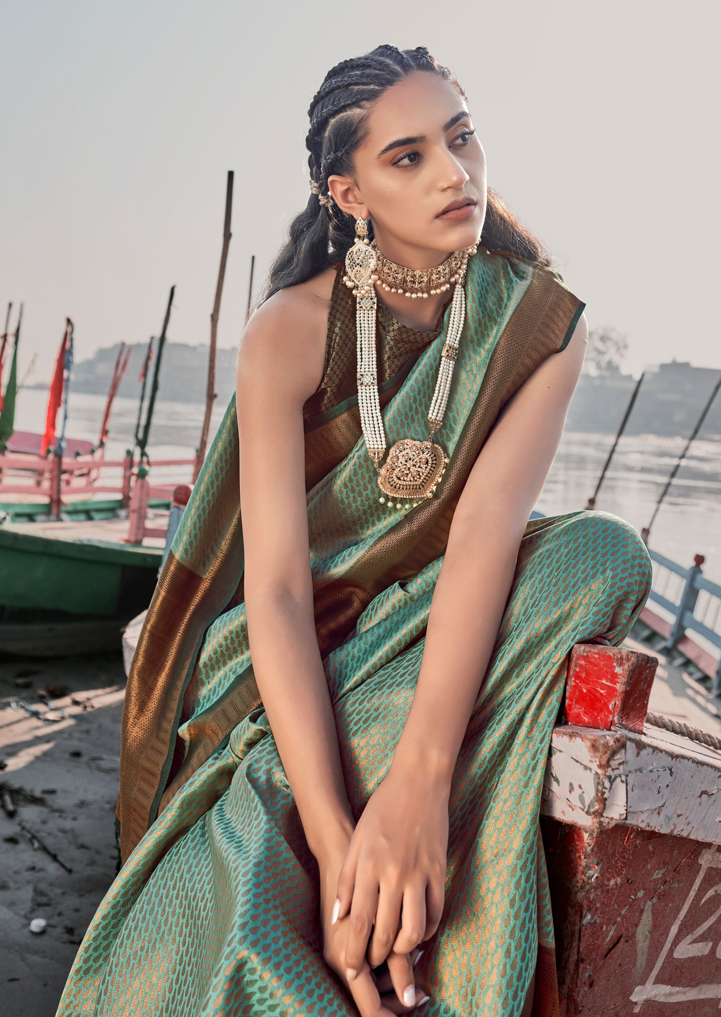 Pure Kanjivaram Silk Handloom Green Copper Zari Saree Online  Sunasa