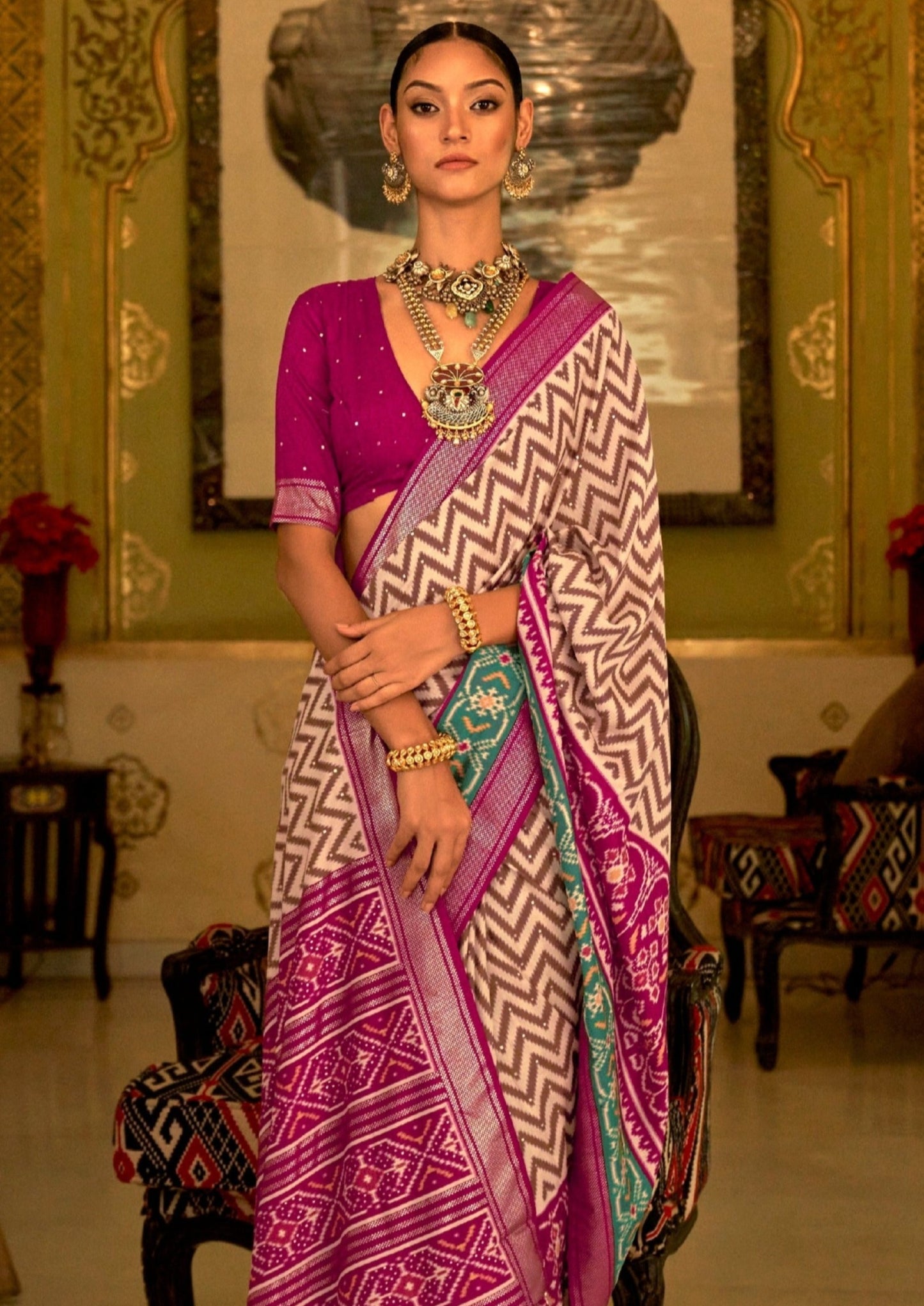 Patola Off White and Pink Saree