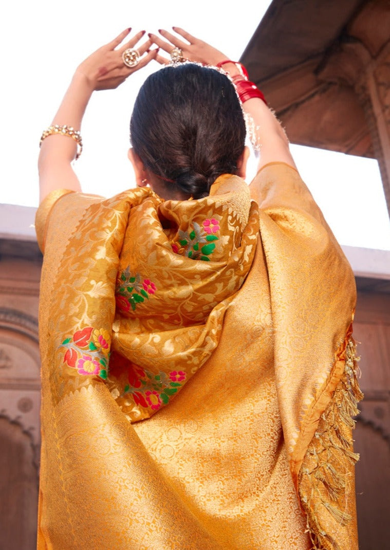 Yellow banarasi silk saree online on sale for haldi ceremony look.