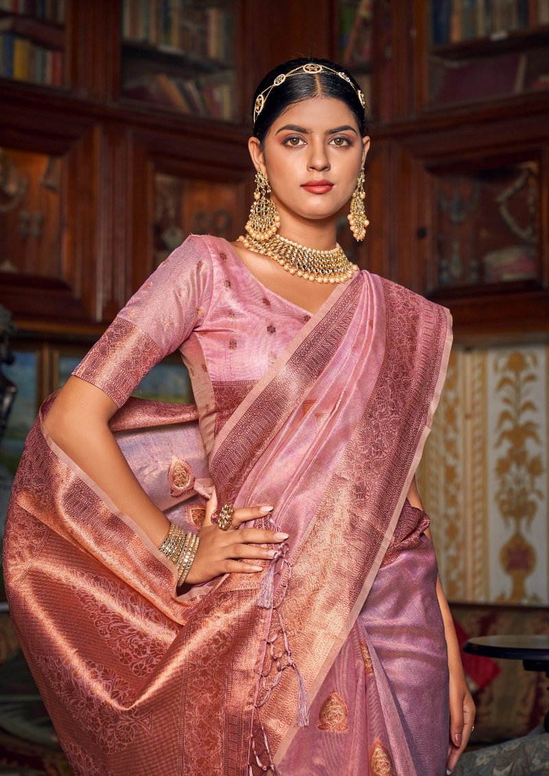 Banarasi tissue silk handloom saree online shopping for wedding in pink color.