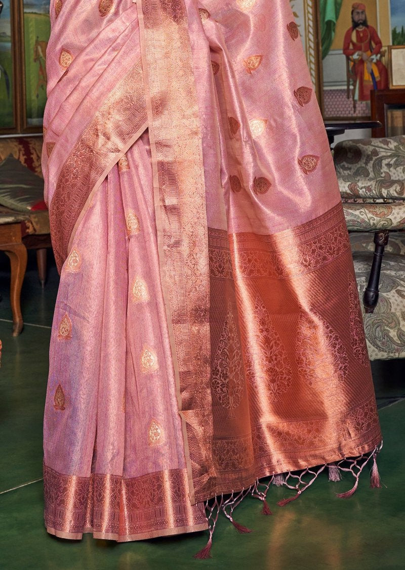 Pure banarasi tissue silk handloom saree online design for summer wedding function look in light pink colour.