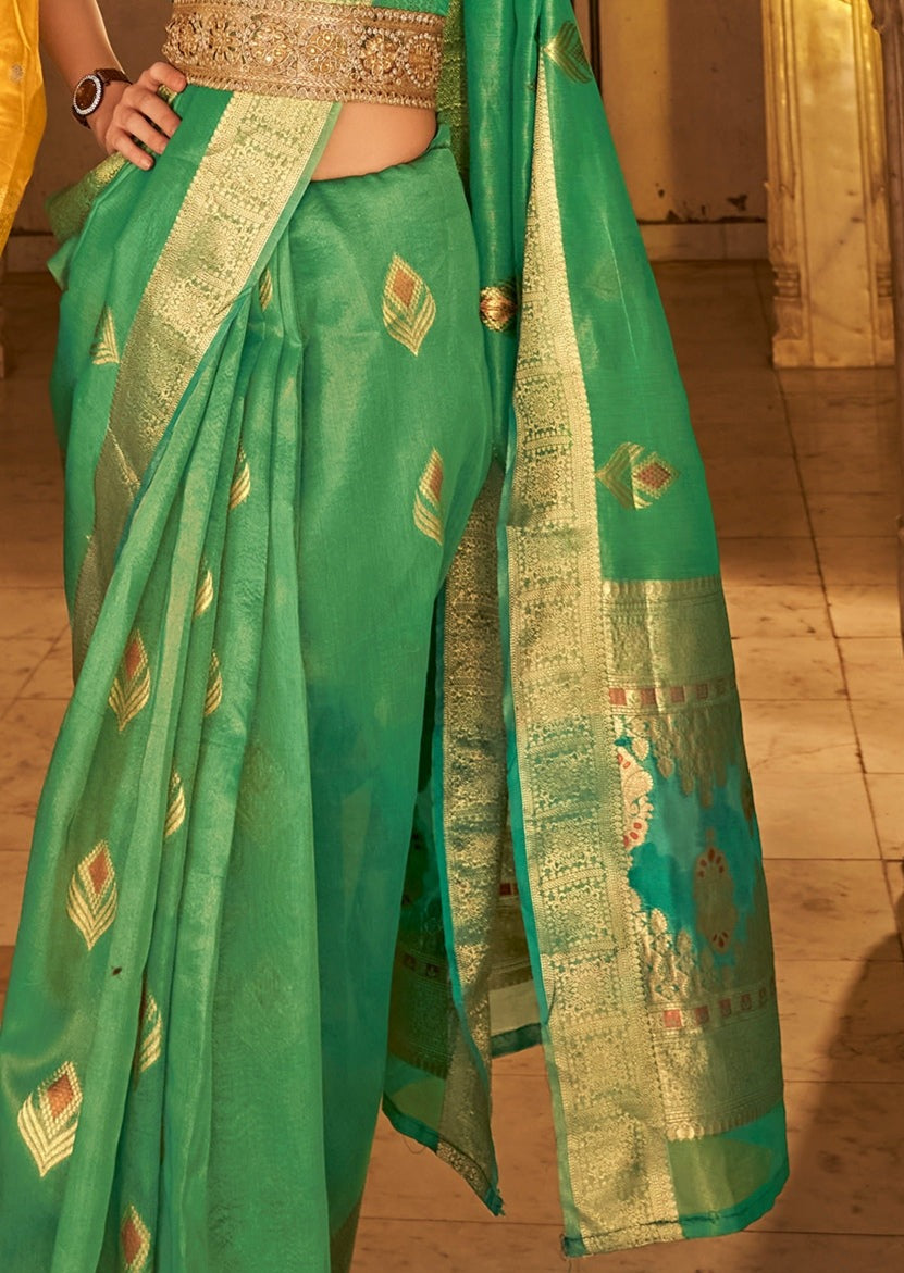 Shop green banarasi tissue silk saree online india.