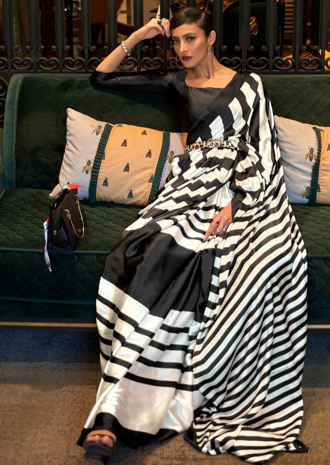 Black and white saree online shopping for office wear in pure crepe satin silk fabric.