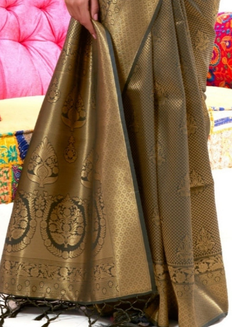 Black and gold kanjivaram silk saree designs online shopping in india for wedding function.