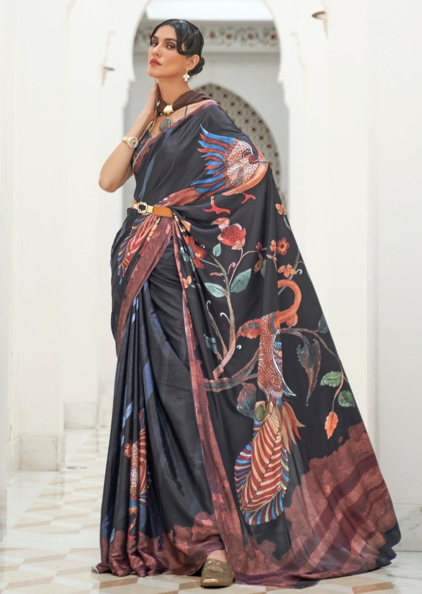 Black kalamkari pure silk crepe saree online usa at fast delivery.