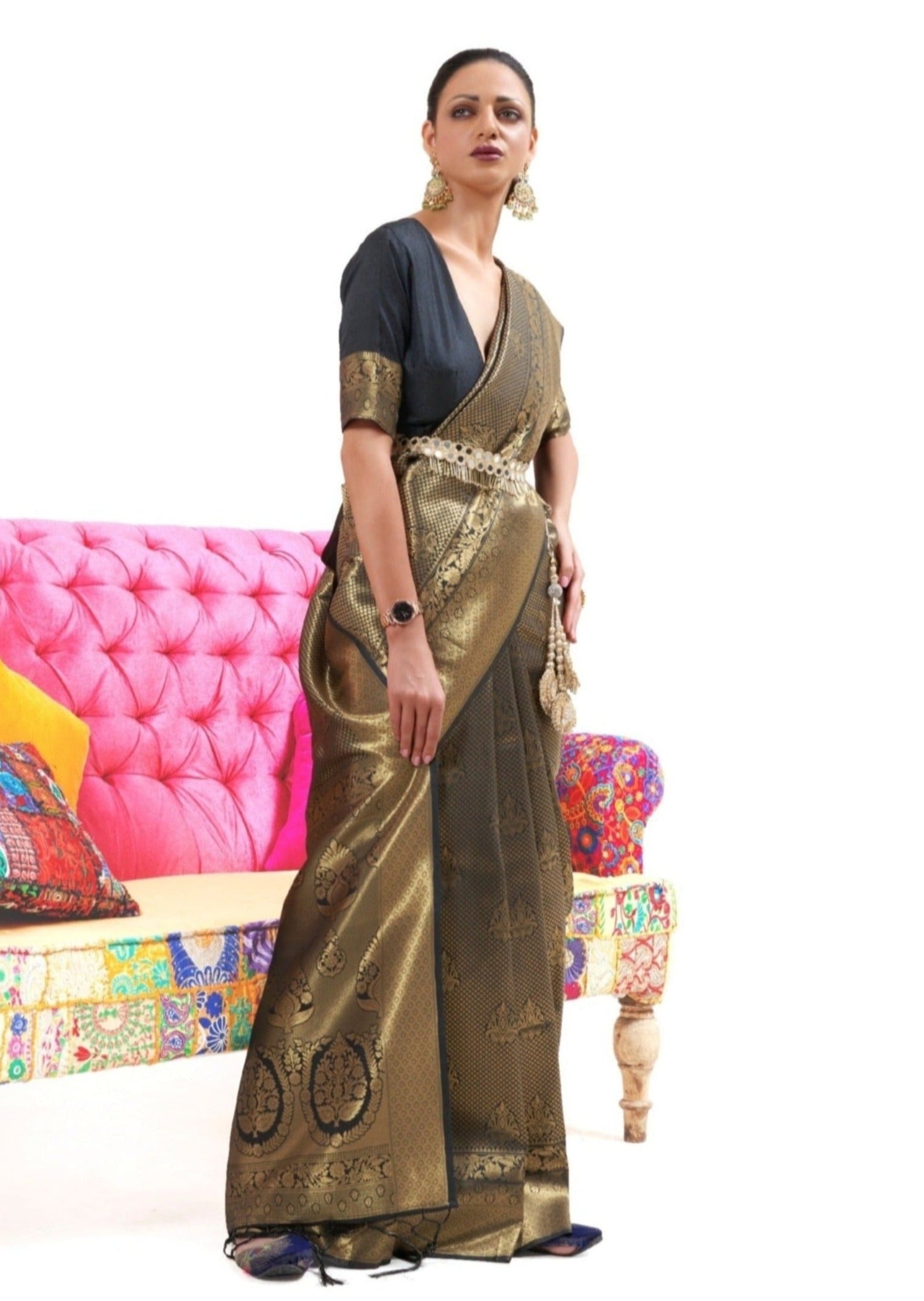 Black kanjivaram saree online shopping for wedding with gold zari weaving.