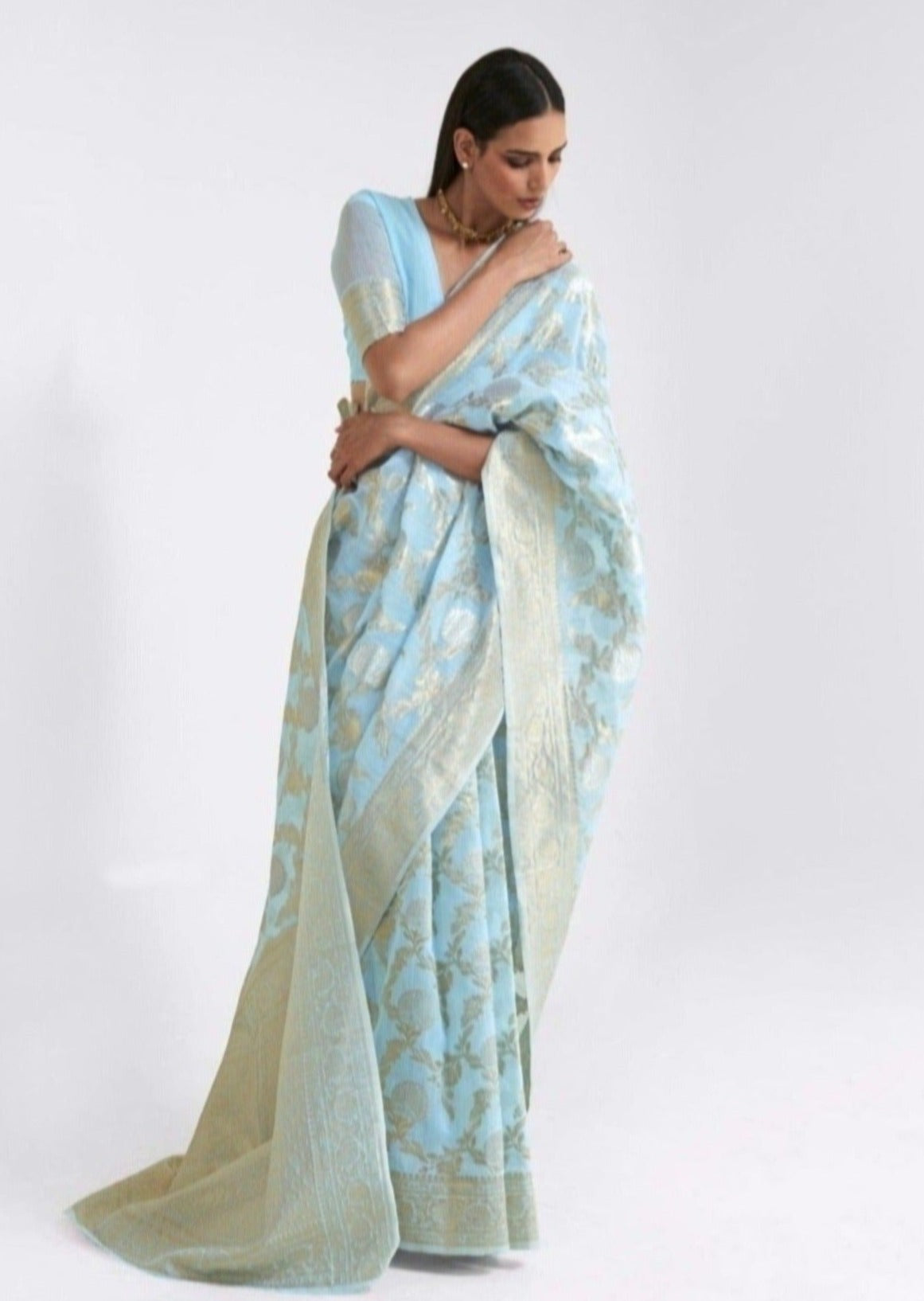 Pure linen handloom saree usa online shopping in pastel blue color.