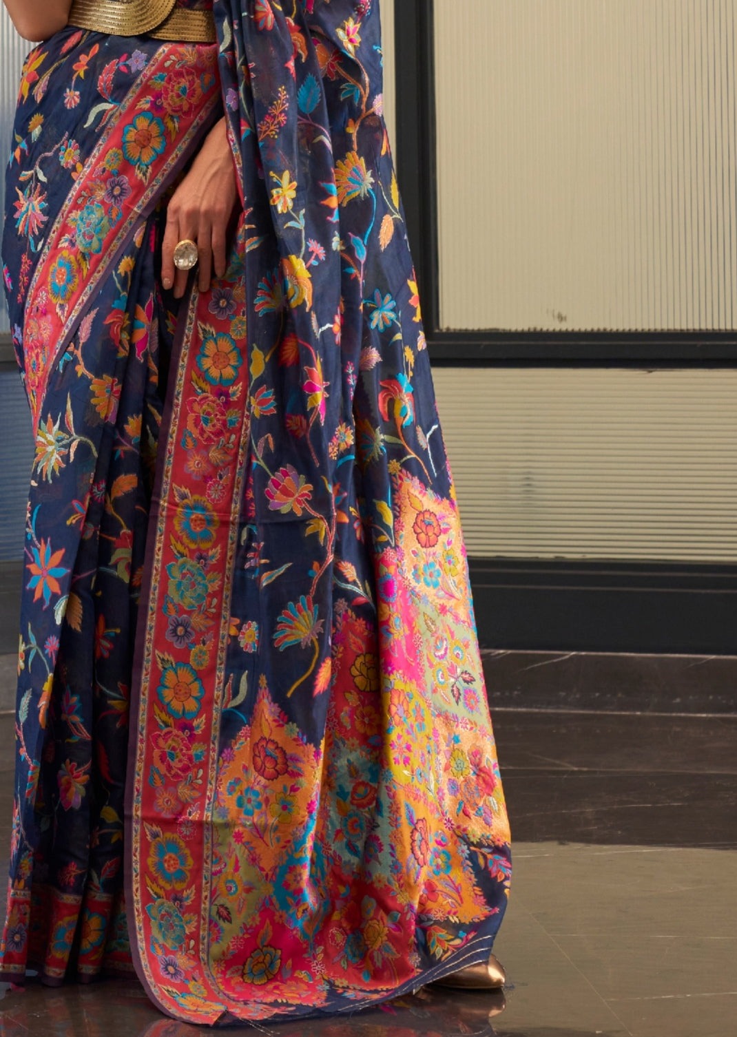 Blue Pashmina saree pallu