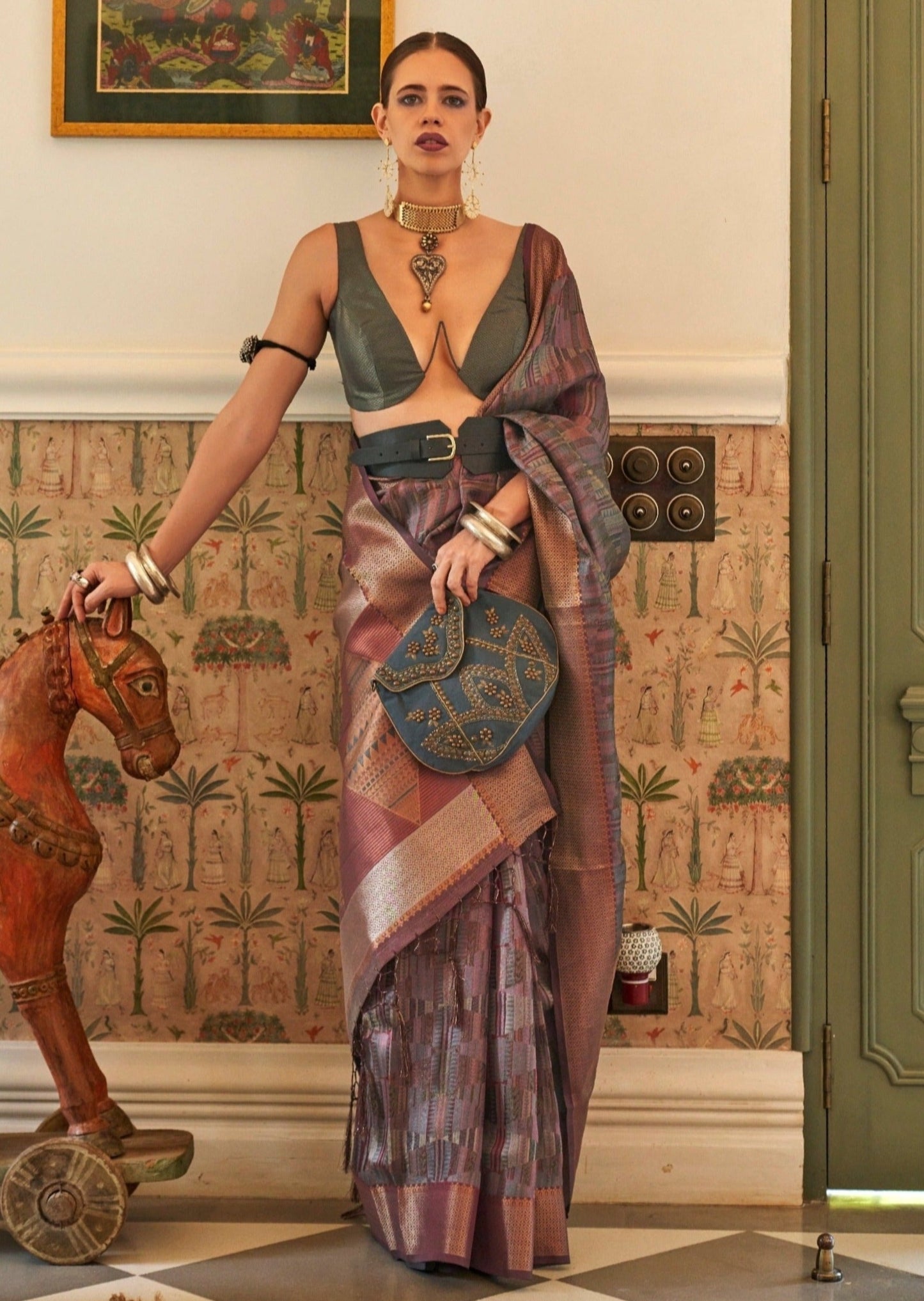 Bollywood actress Kalki Koechlin in grey organza saree online usa designs.
