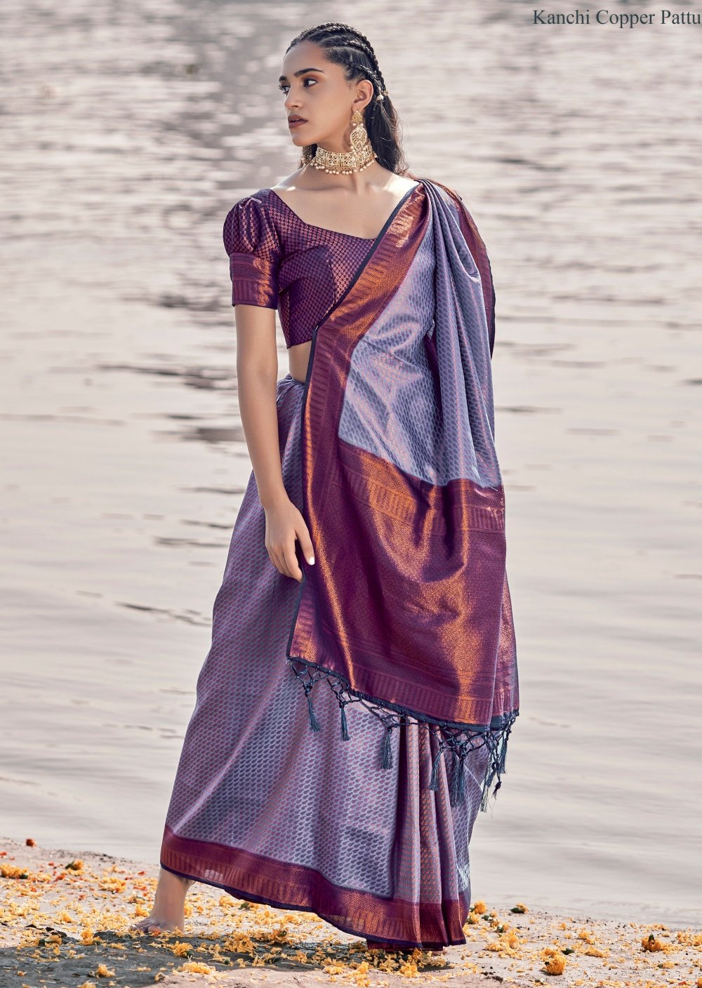 Bridal kanjivaram silk purple saree online price for wedding function.